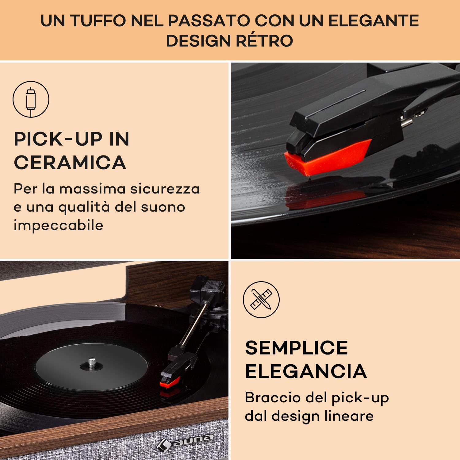 Auna Giradischi Bluetooth per Dischi in Vinile MP3, Lettore Vinile a 3 Velocità, Giradischi Vinili Vintage con Casse Stereo e Telecomando, Gira Dischi per Vinile CD USB con Piedi e Radio DAB+/FM