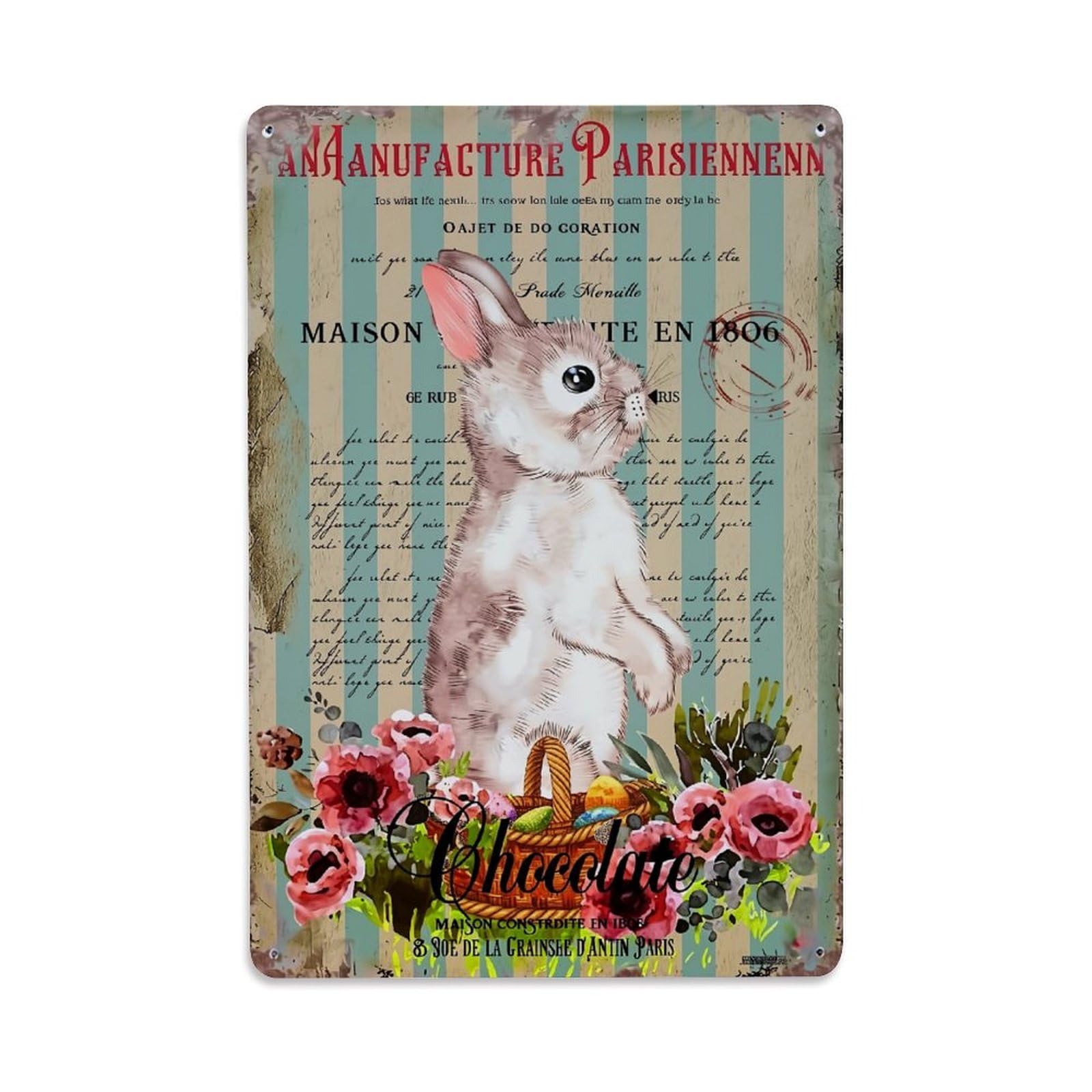 Jdfenggu Vintage Rabbit Floral Chocolate Poster Retro Metal Tin Sign, Metal Poster For Bar, Home, Man Cave, Kitchen, Laundry Room Art Decor 8X12 Inch