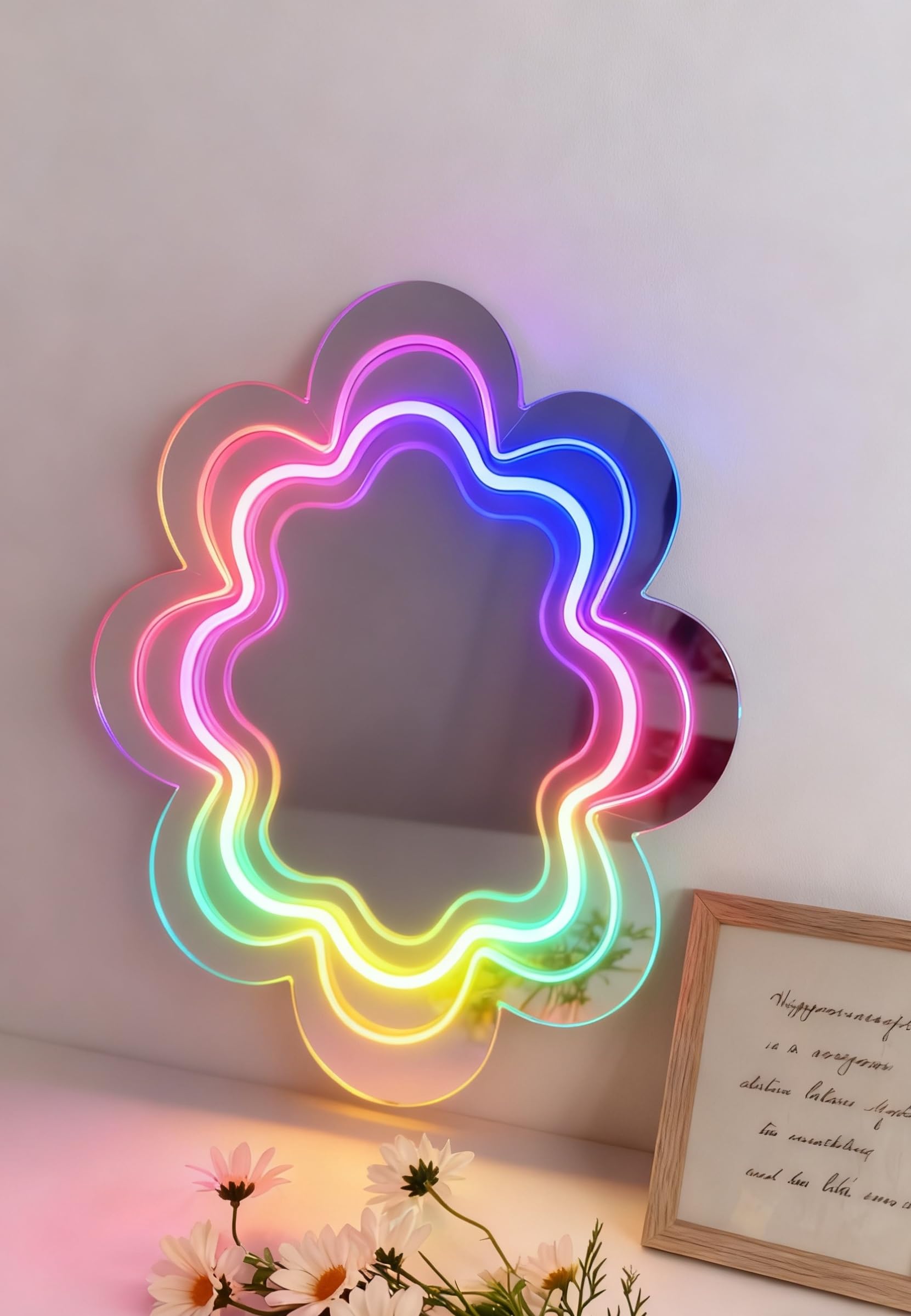 Flower Mirror RGB Neon Sign Mirror - Wedding Home Decor Wall Art Light for Bedroom Living Room Dressing Room Party Decorations