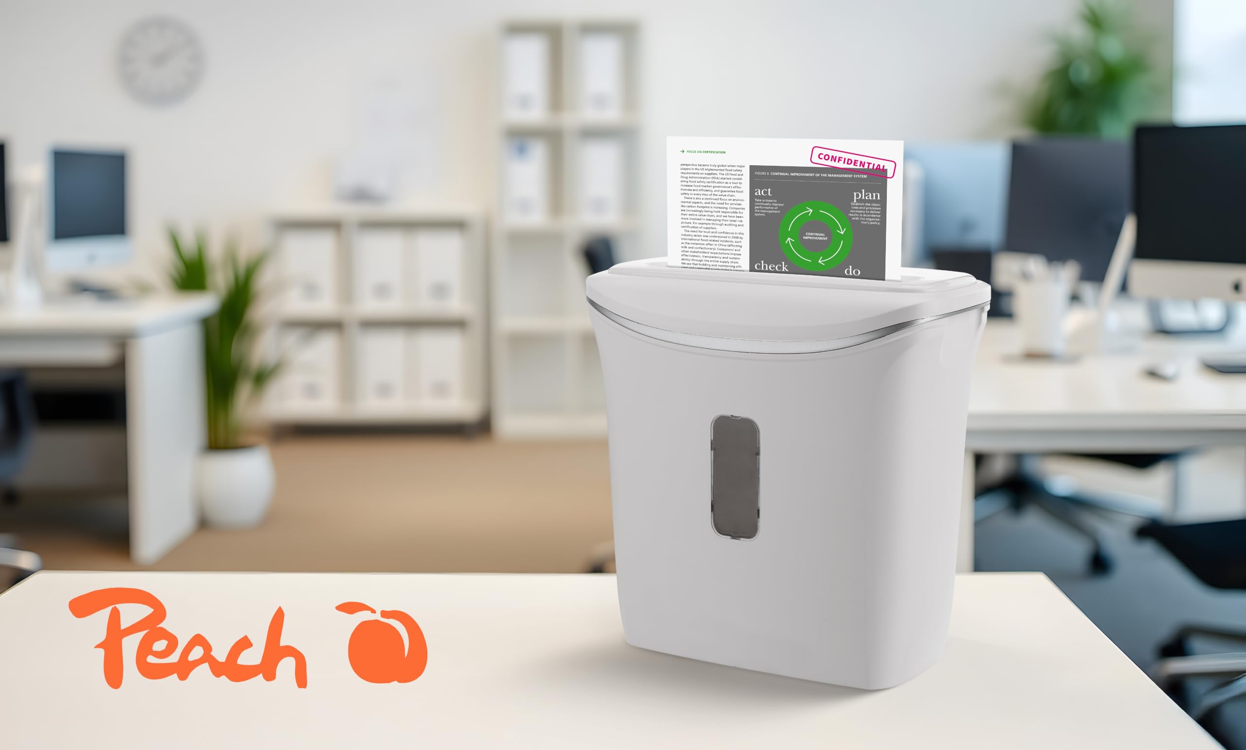 Peach Distruggidocumenti microtaglio – 4 fogli – 12 litri/130 A4 – solo 2 x 14 mm dimensione particelle (P-5) – A4 circa 2200 particelle – conformità DSGV – silenzioso solo 65 dB(A) – PS600-06A