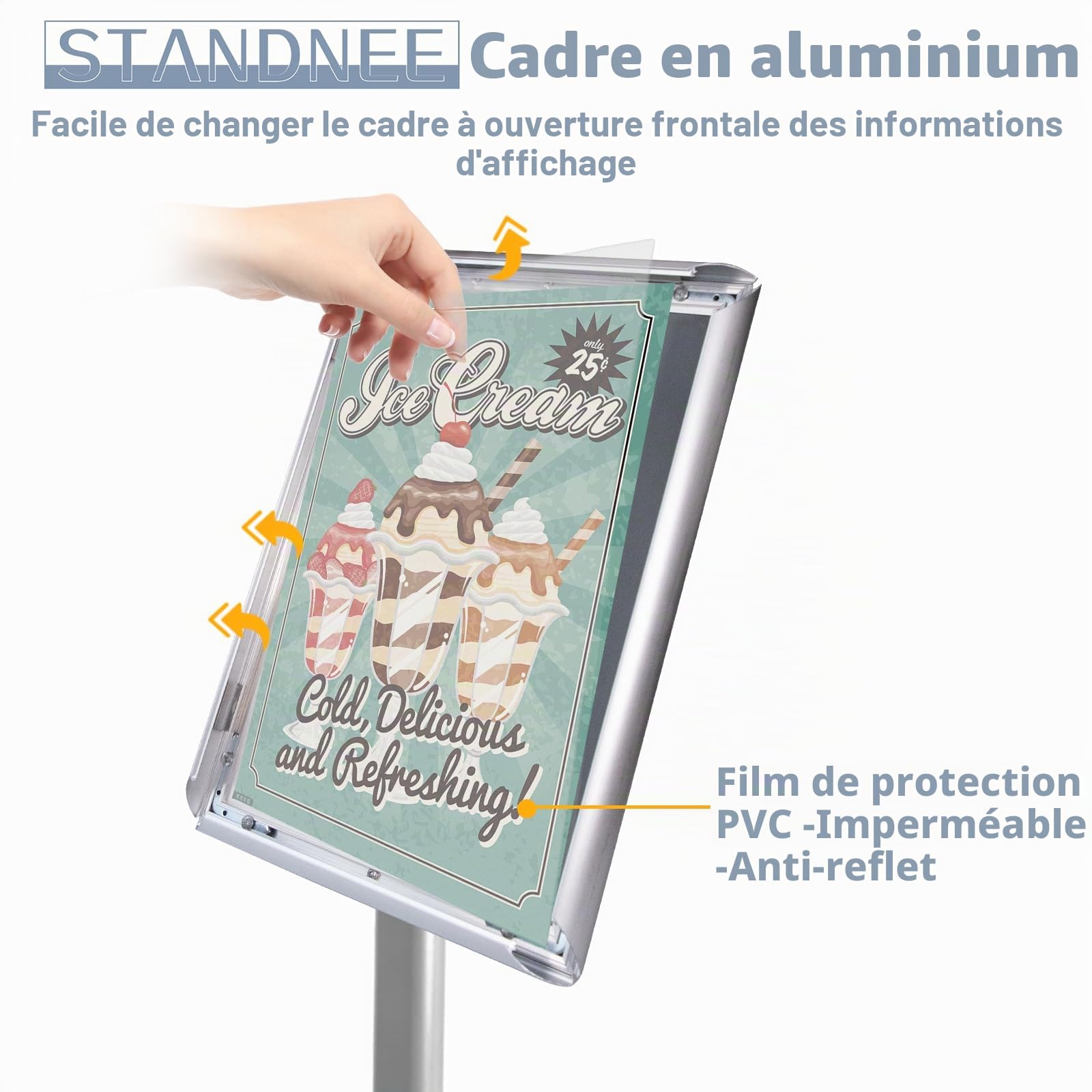 Porte affiche a4 sur pied support de support de panneau robuste Panneau de sol de sol, présentoir d’affiches Panneaux debout en aluminium avec feuille de PVC et socle robuste, argent