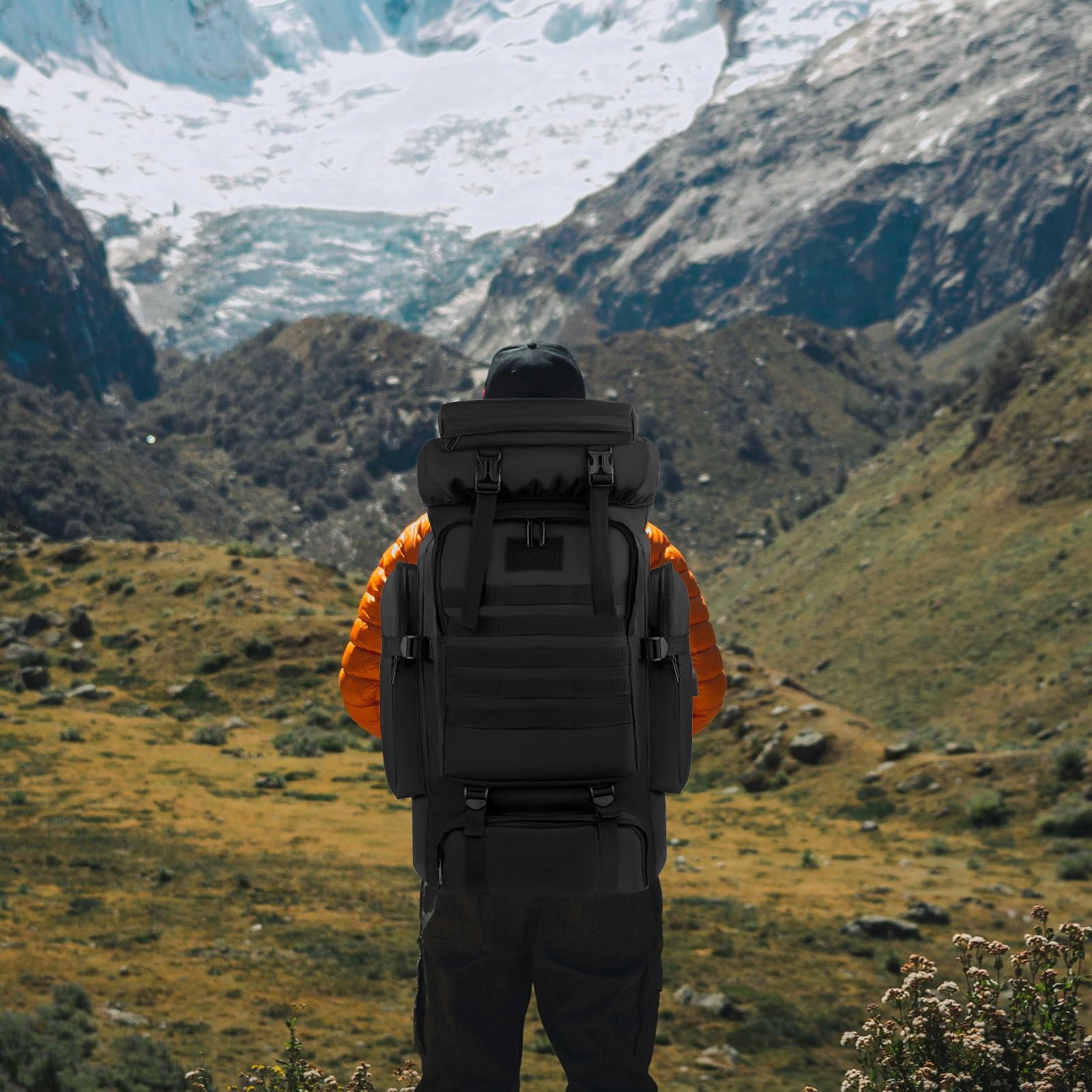 Sac à dos de randonnée Molle de grande capacité - Cadre tactique durable - 80 l - Sac à dos avec port de charge USB pour homme et femme - Pour le camping, l'escalade, l'extérieur, les voyages