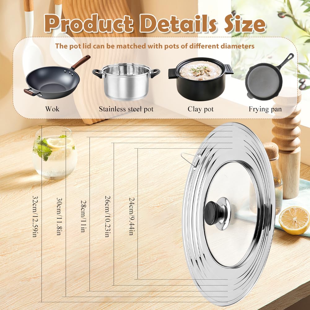 Coperchio universale per padelle, coperchio universale in acciaio inox, coperchio per pentola 24 cm/26/28/30/32 cm di diametro, coperchio in vetro resistente al calore per pentole e padelle