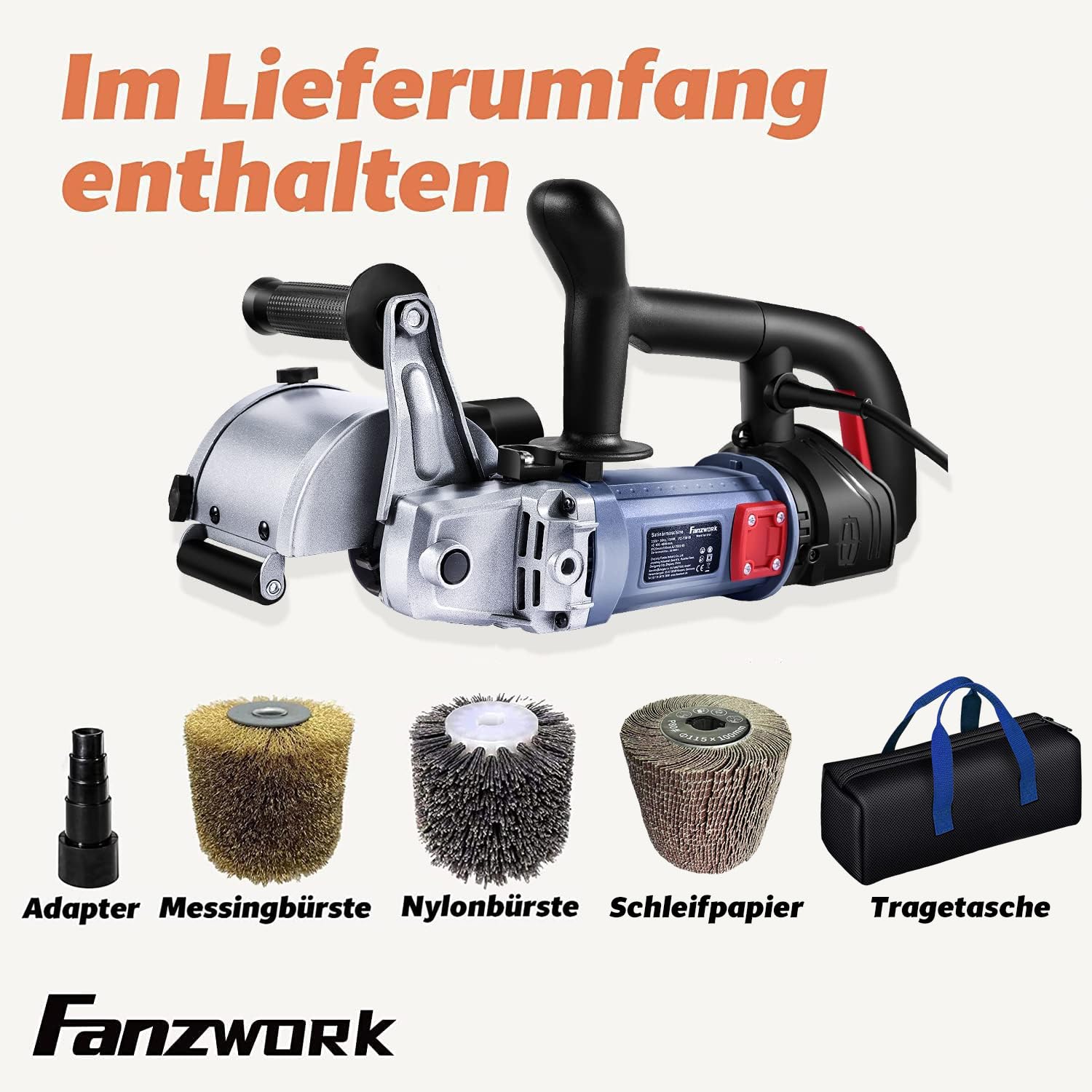 FANZWORK V2 Maszyna satynowa 1500 W do renowacji powierzchni wszelkiego rodzaju, z przyłączem odkurzacza, regulacją prędkości obrotowej, uchwytem kulowym, mosiądzem, nylonem, szczotką do papieru