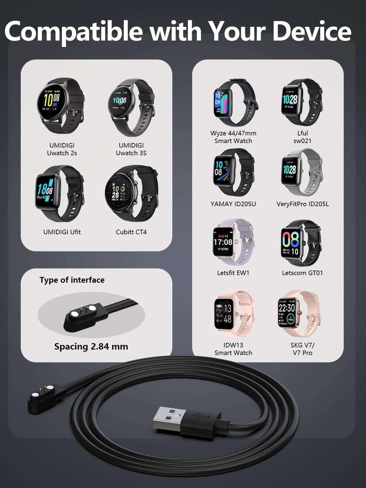 MJXYXCDH 5W Cavo di ricarica USB magnetico smartwatch Cavo ricarica a 2 pin per Smartwatch caricatore YAMAY SW023 SW021 SW025 tra i pin del caricabatterie magnetico 2.84mm