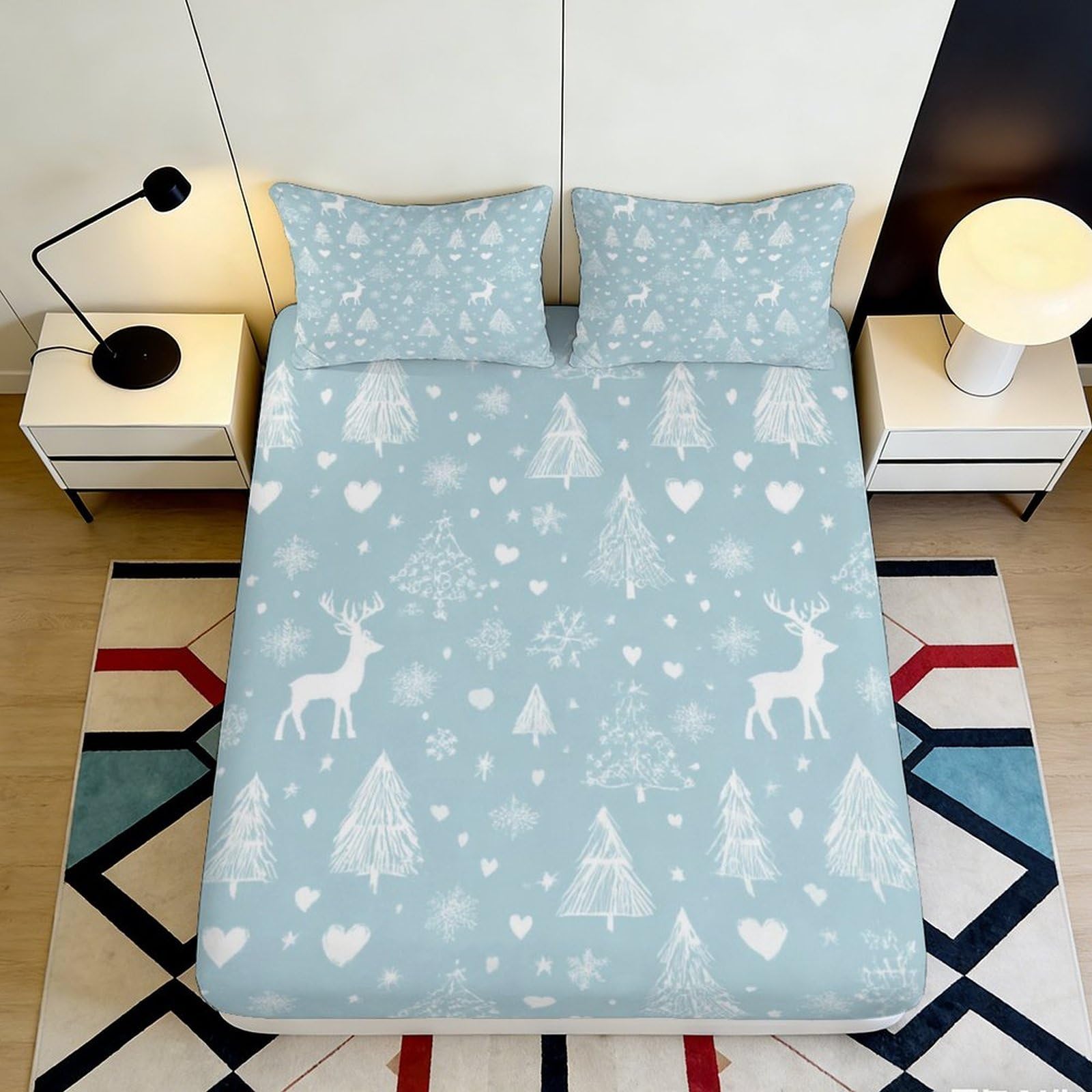 3D Printed Winter Deer Fitted Sheet Microfiber Soft Breathable Snowflake Bed Cover for Bedroom Dormitory Guest Room Mattress Protection Decor 140x200x25cm