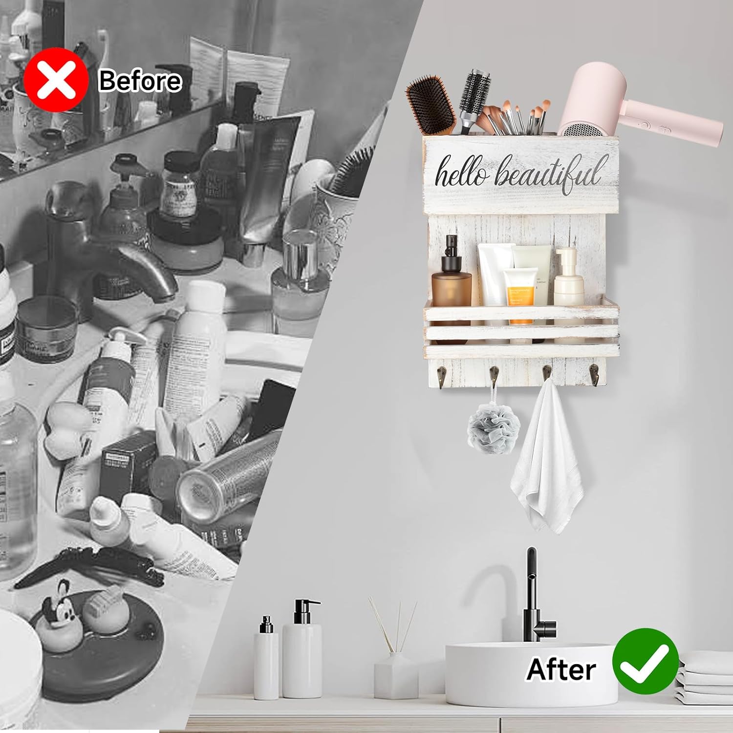 Wooden Hair Dryer Holder Wall-Mounted - 2 Tier Bathroom Storage Shelf Cosmetic & Hairdressing Tools Organizer for Bathroom Countertop/Vanity (White)