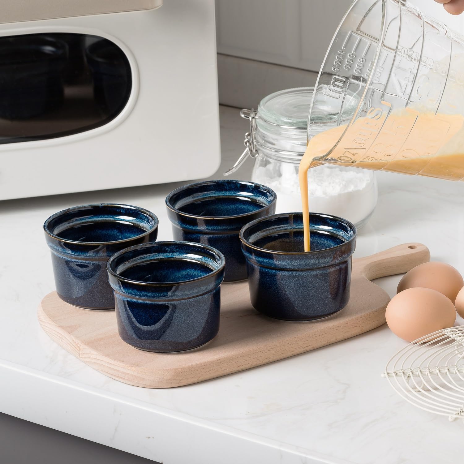 Ramequines de cerámica de 5.5 onzas, juego de 4 ramequines de porcelana, aptos para horno, pequeños moldes para hornear platos de crema brulee, azul rey