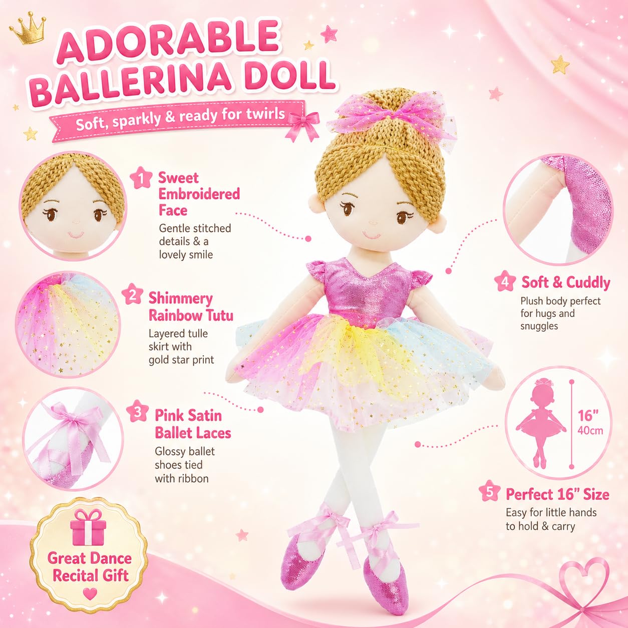 40 cm Ballerina Principessa Polina - Bambola di peluche piena - vestito rosa - regalo per bambine