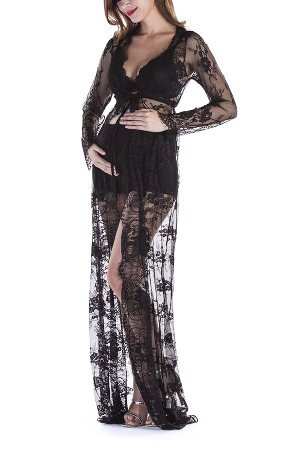 Women Sexy Deep V-Neck Lace Maternity Photography Maxi Dress