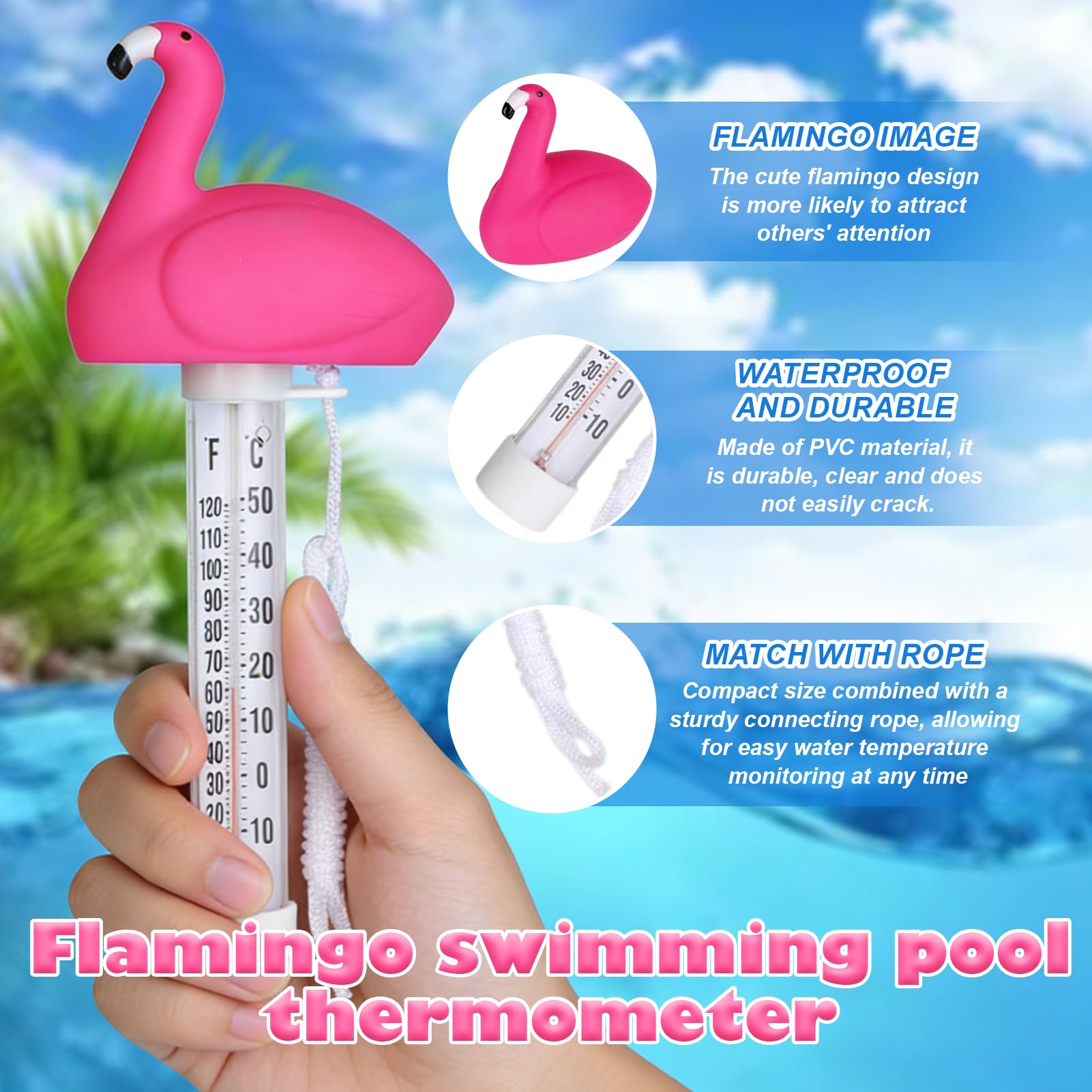 Thermometre Piscine,Thermomètre de Piscine,Thermomètre Flottante | Thermometre Piscine Avec Ficelle,Flamant pour Bain,Spa,Aquarium,Pool,Étang à Poissons