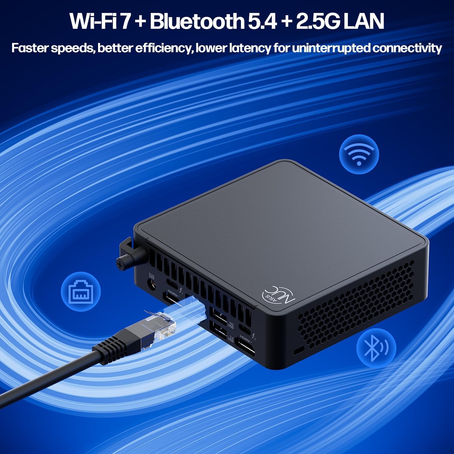 ASUS NUC 15 Pro highlighting Wi-Fi 7, Bluetooth 5.4, and 2.5G LAN features