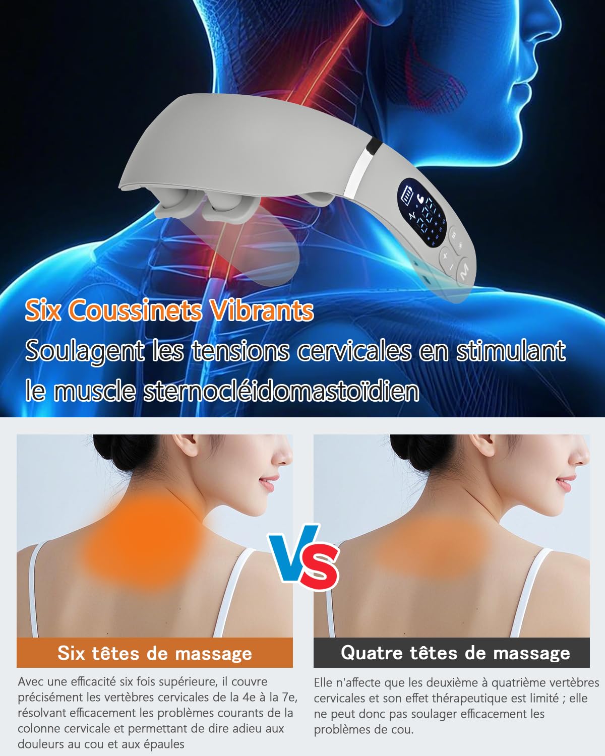 Masseur Cervical, Masseur électrique Portable à 6 têtes avec Thérapie Thermique à 42°C, 12 Modes 22 Niveaux, Fonction Vocale Intelligente, écran LCD, Convient à la Maison et au Bureau