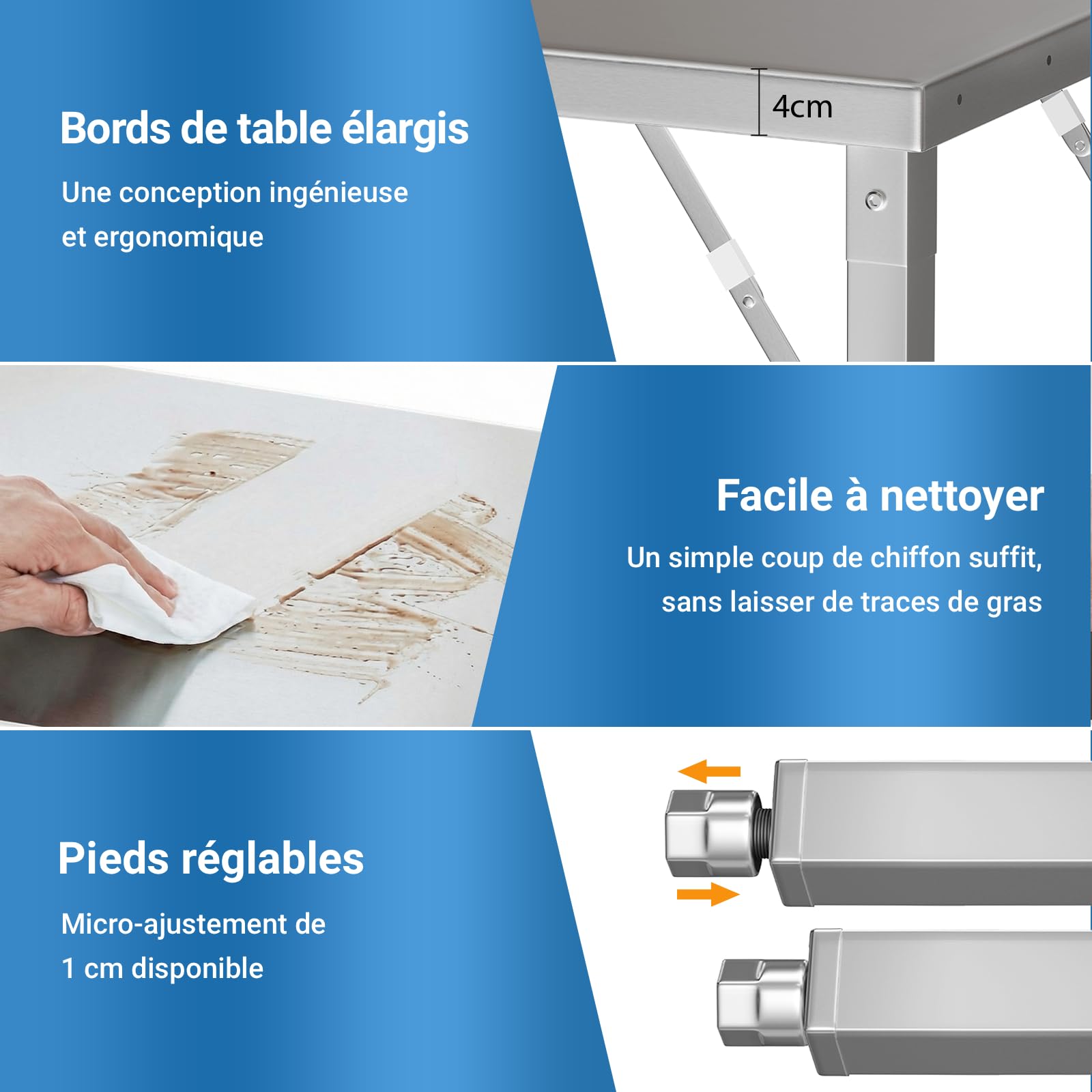 TLSUNNY Table de Travail Cuisine Pliante Acier Inoxydable 120x60cm, Établi de Restauration en Inox avec 5 Crochets, Pied Réglables, Charge 250kg,Table de Préparation Alimentaire pour Restaurant Jardin