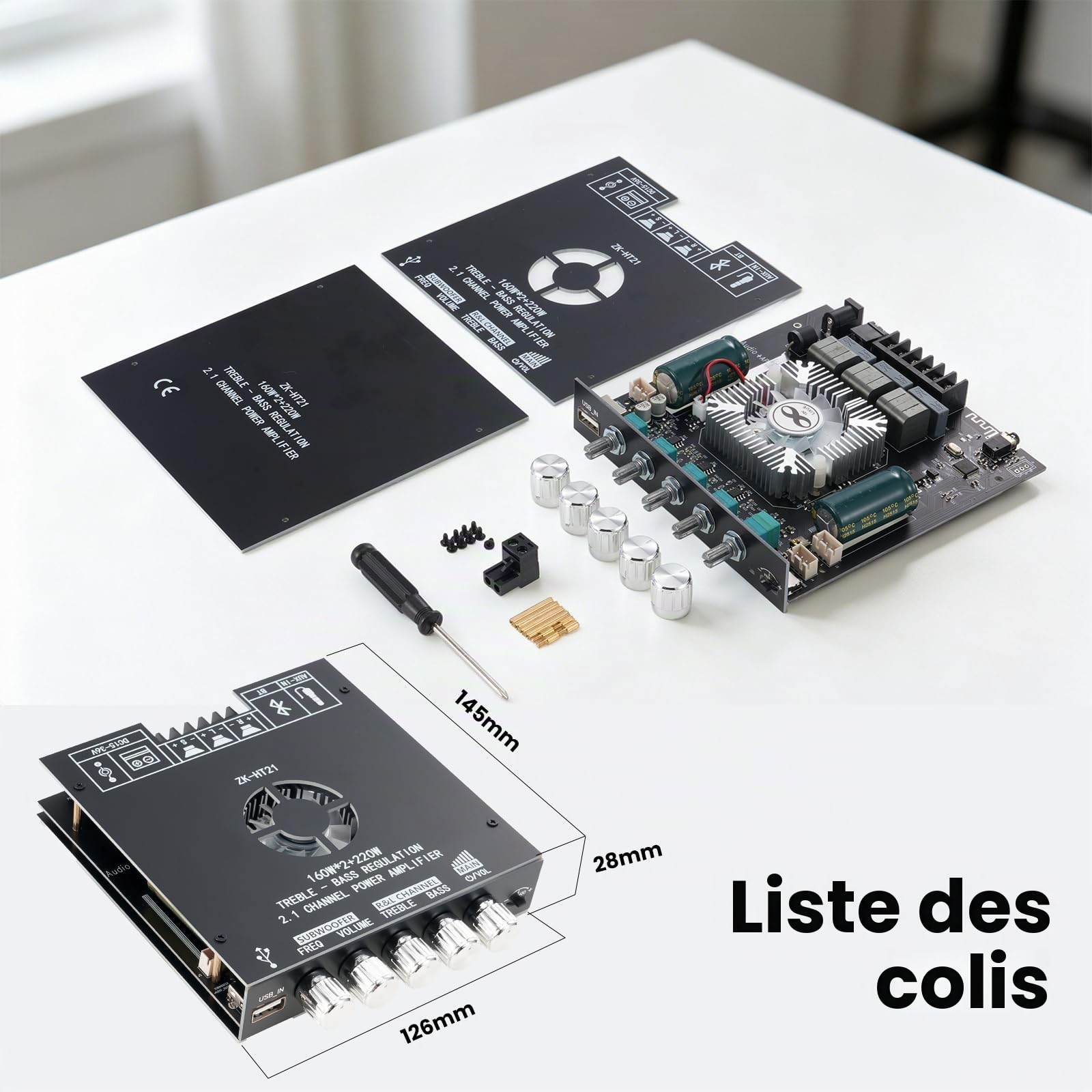 ZK-HT21 Amplificateur HiFi avec Bluetooth Mini amplificateur Audio stéréo 2.1 canaux 160W x 2 + 220 W Mini Module amplificateur stéréo TDA7498E Puce avec TB, USB, AUX, DC 15-36 V pour Haut-parleurs