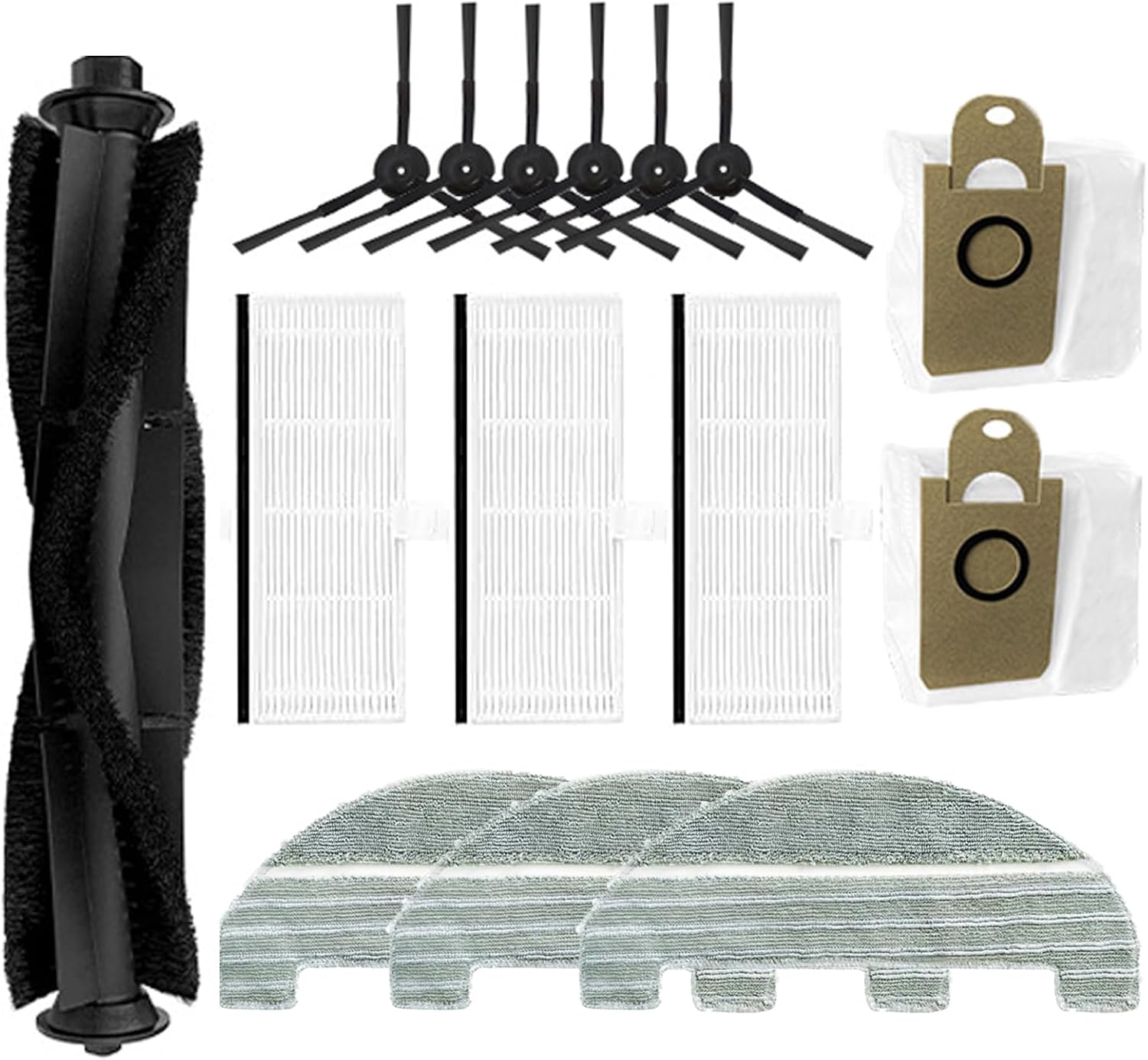 15 Pack Replacement Kit for iHome AutoVac Nova Self Empty for Proscenic M8 Pro, 1 Main Brush 2 Dust Bags 3 Filters 3 Mop Pads 6 Side Brushes