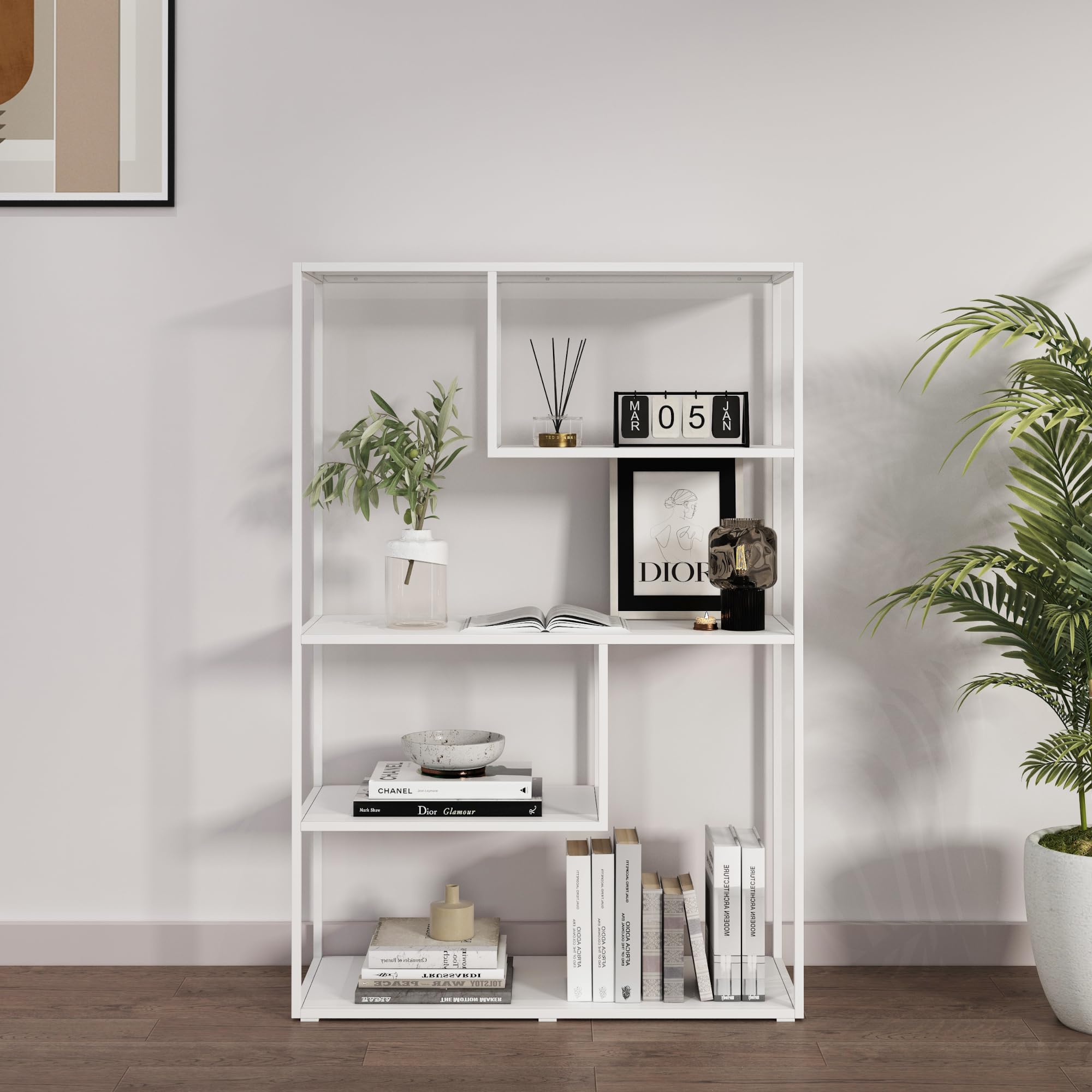 [en.casa] Librería de 4 Niveles Estantería Independiente con 2 Estantes Pequeños y 2 Grandes Biblioteca Oficina Sala Acero 126 x 85 x 35 cm - Blanco Mate