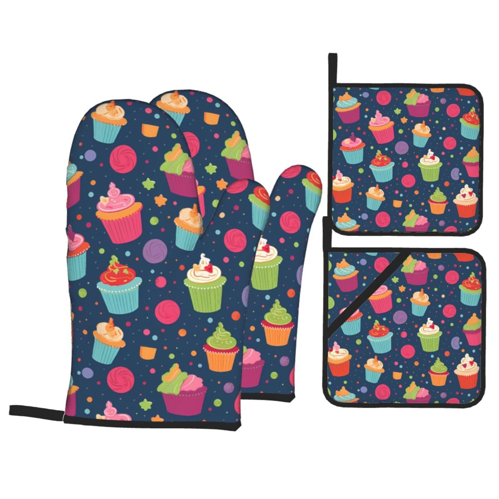 HJFCZH Colorful Cupcakes Picture Kitchen Baking Set of 4 Thick Insulated Oven Mitt & Pot Holders, Anti-Scalding for Microwave, Oven, Outdoor BBQ