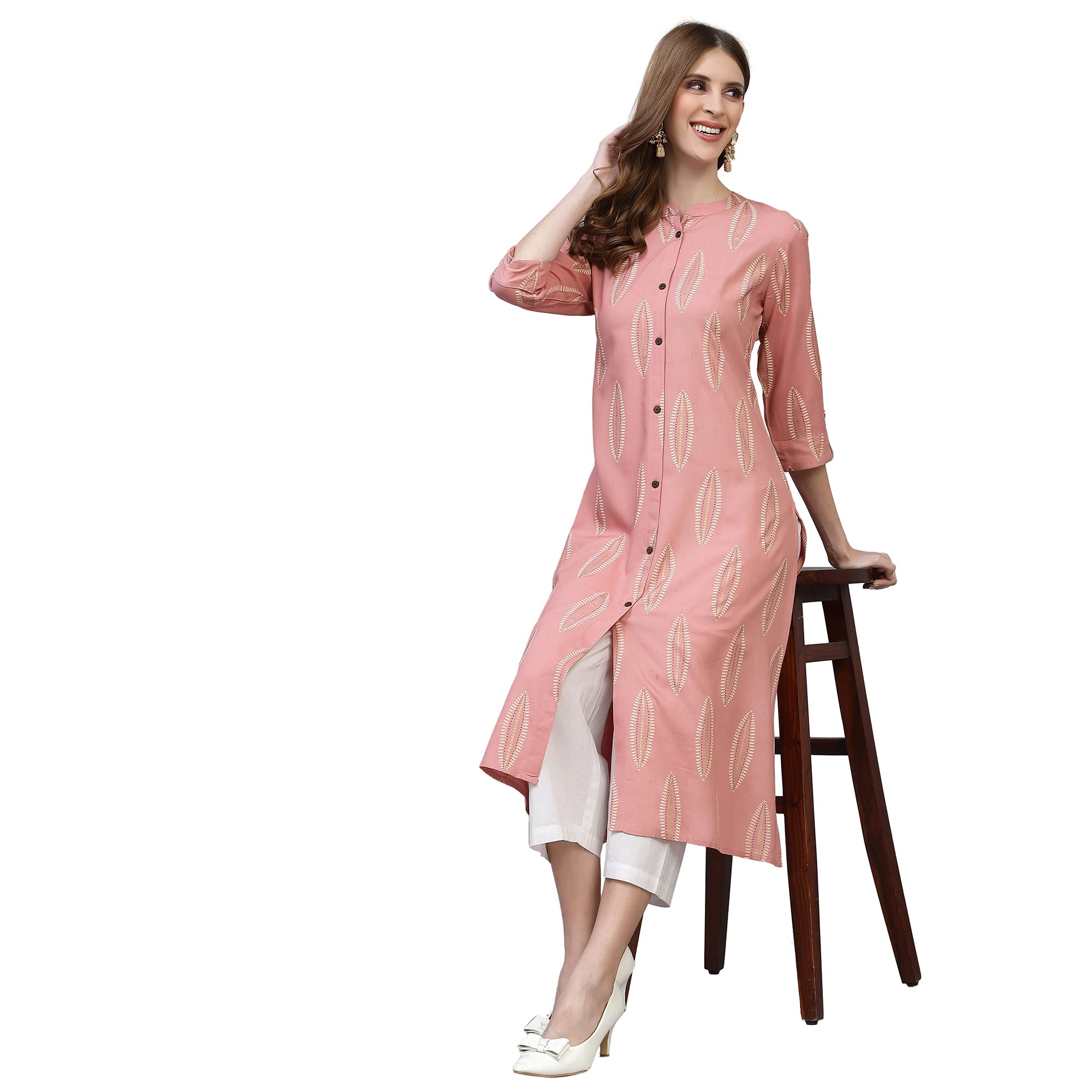 Stylum Women's Block Printed Rayon A-Line Kurta (Nomiblush40_Blush, L)