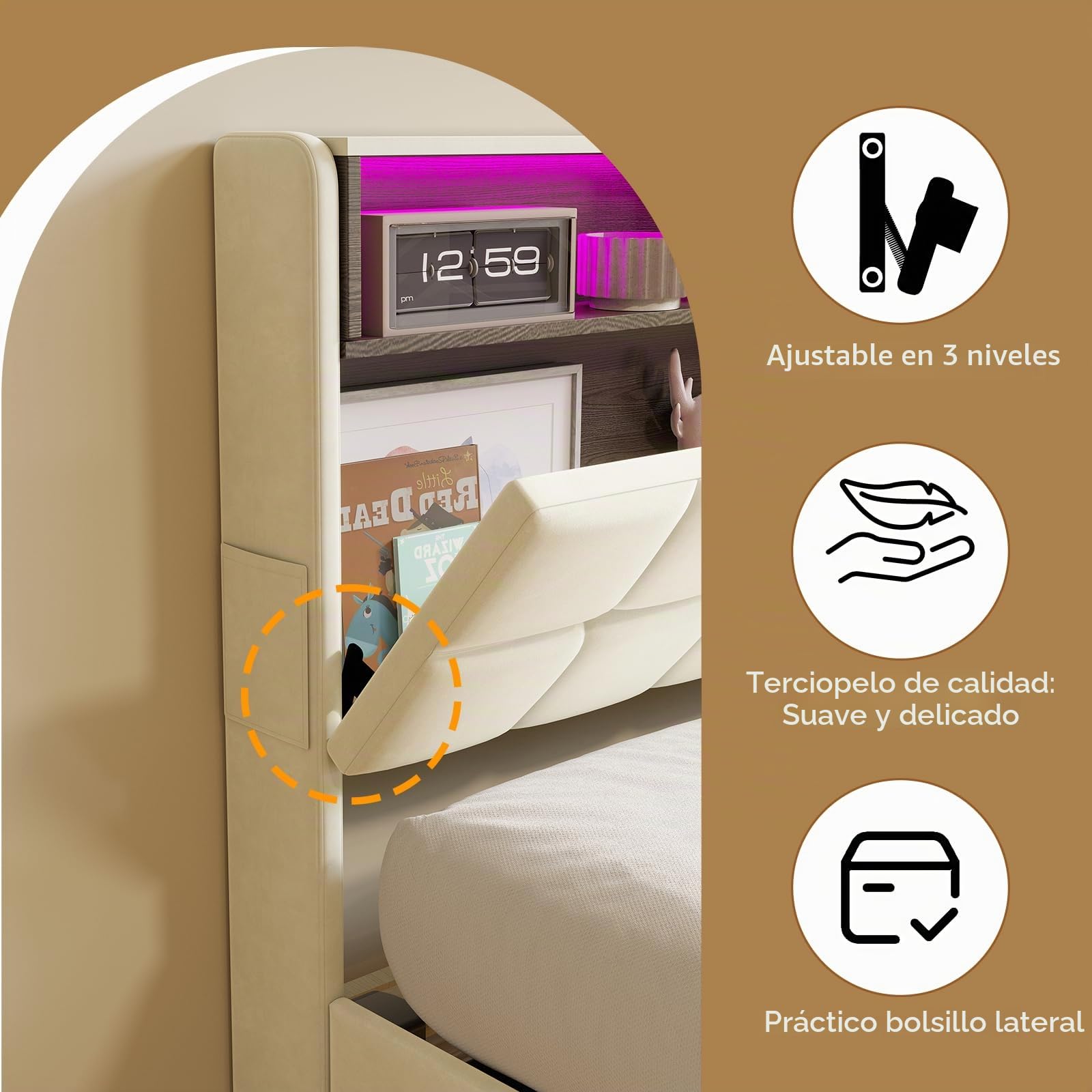 Cama de Matrimonio 160x200 cm con 4 Cajones, Cama Queen Size Tapizada con Luces LED, Puerto Type-C y Cabecero Moderno, Estructura de Cama con Somier, Beige (Sin Colchón)