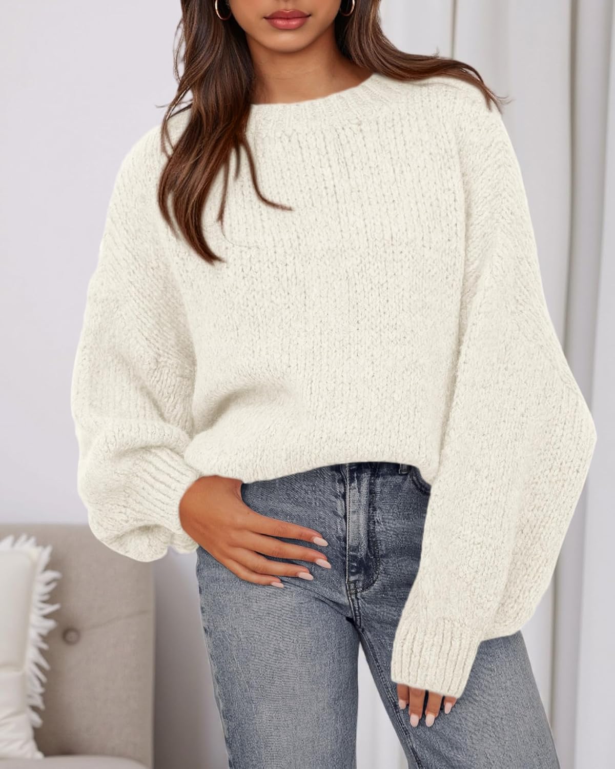 BTFBM Sweaters for Women Fall 2026 Crew Neck Lantern Long Sleeve Oversized Sweater Casual Knit Winter Pullover Tops - Image 6