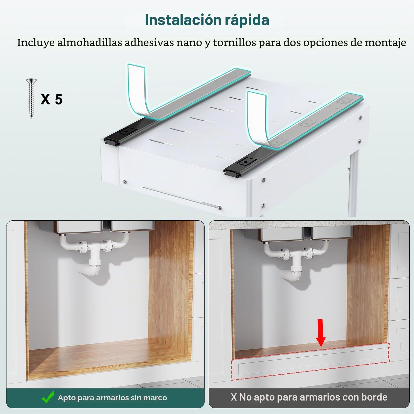 Organizador Bajo Fregadero Ajustable – Estante Extraíble de 2 Niveles, Ancho y Altura Expansible con Guías de Rodamientos, Organizador de Cocina y Baño (2 Unidades, Blanco)