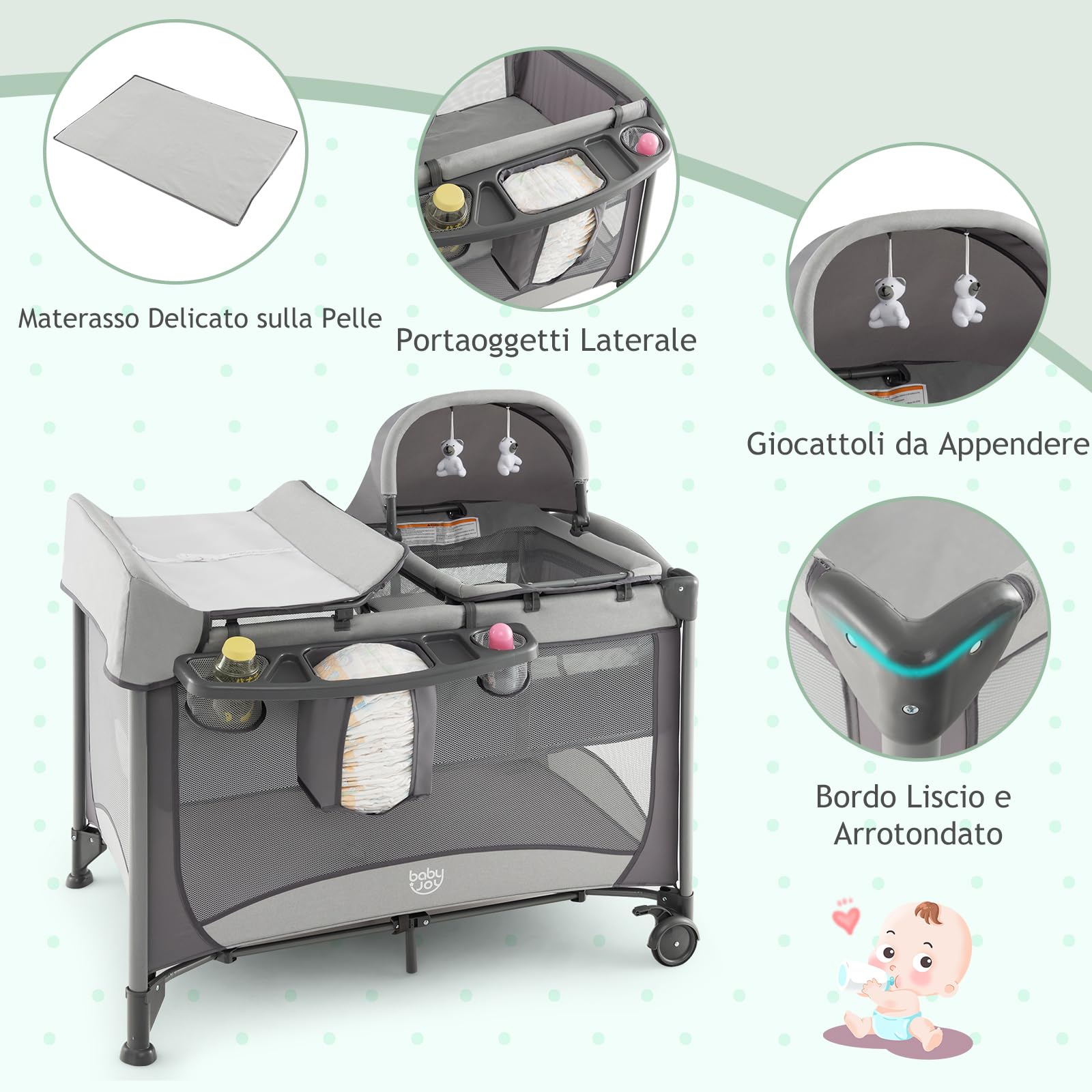 RELAX4LIFE 5-in-1 Lettino da Campeggio per Bambini, Culla Neonato Fianco Letto, Lettino Neonato con Materasso, Ruote Bloccabili e Borsa per il Trasporto, per Bambini 0-36 Mesi (Grigio)