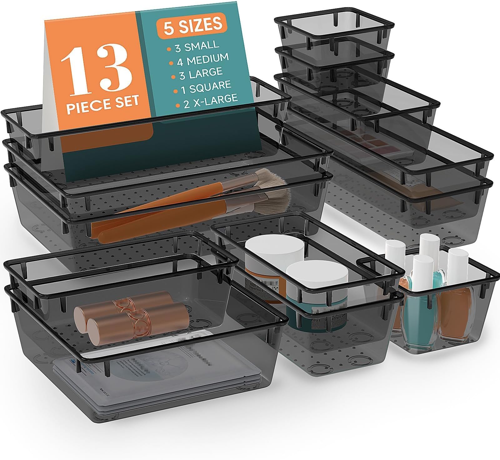 StorMiracle 13 PCS Drawer Organizer Set, 5 Varied Size Bathroom and kitchen Drawer cabinet organizer Trays, Clear Storage Bins for Makeup, Jewelry, Utensils and Gadgets, Black