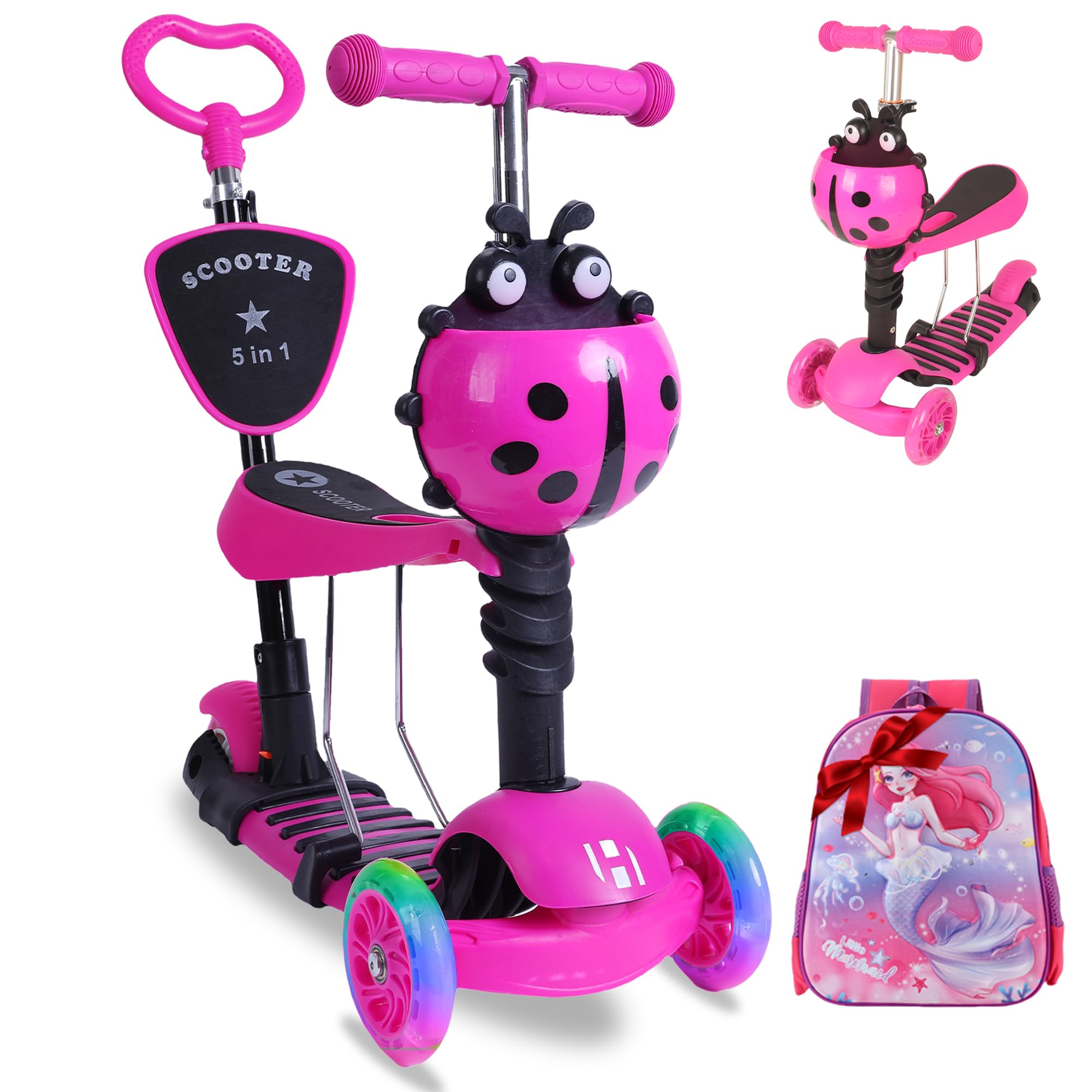 Habib 5-in-1 Kids Scooter with Seat and Matching 3D Kids Backpack - 3 Wheel Scooter with Push Bar, LED Wheels and Backrest, Height Adjustable for 2-8 Years Old Boys and Girls