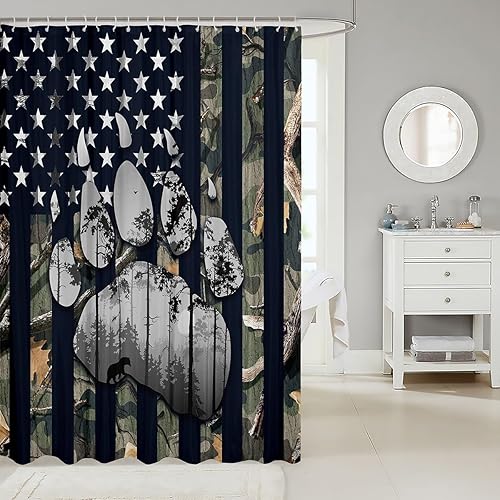 Miniatura 2 de Cortina de ducha con bandera americana, estampado de patas de oso y animales salvajes, cortina de baño para niños y niños, cortina de baño