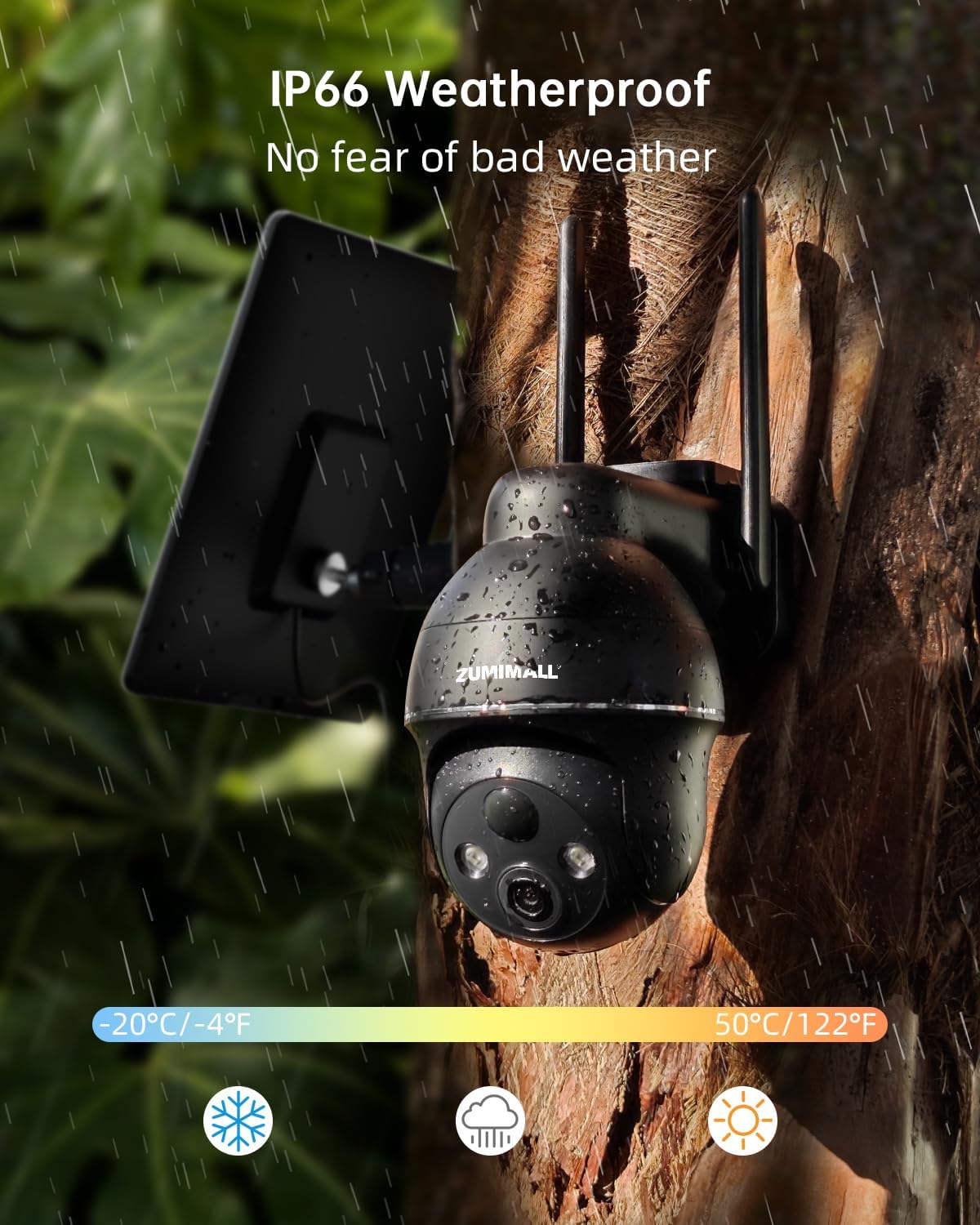 ZUMIMALL 4G LTE Cellular Solar Security Camera mounted outdoors in the rain, demonstrating its IP66 weatherproof rating.