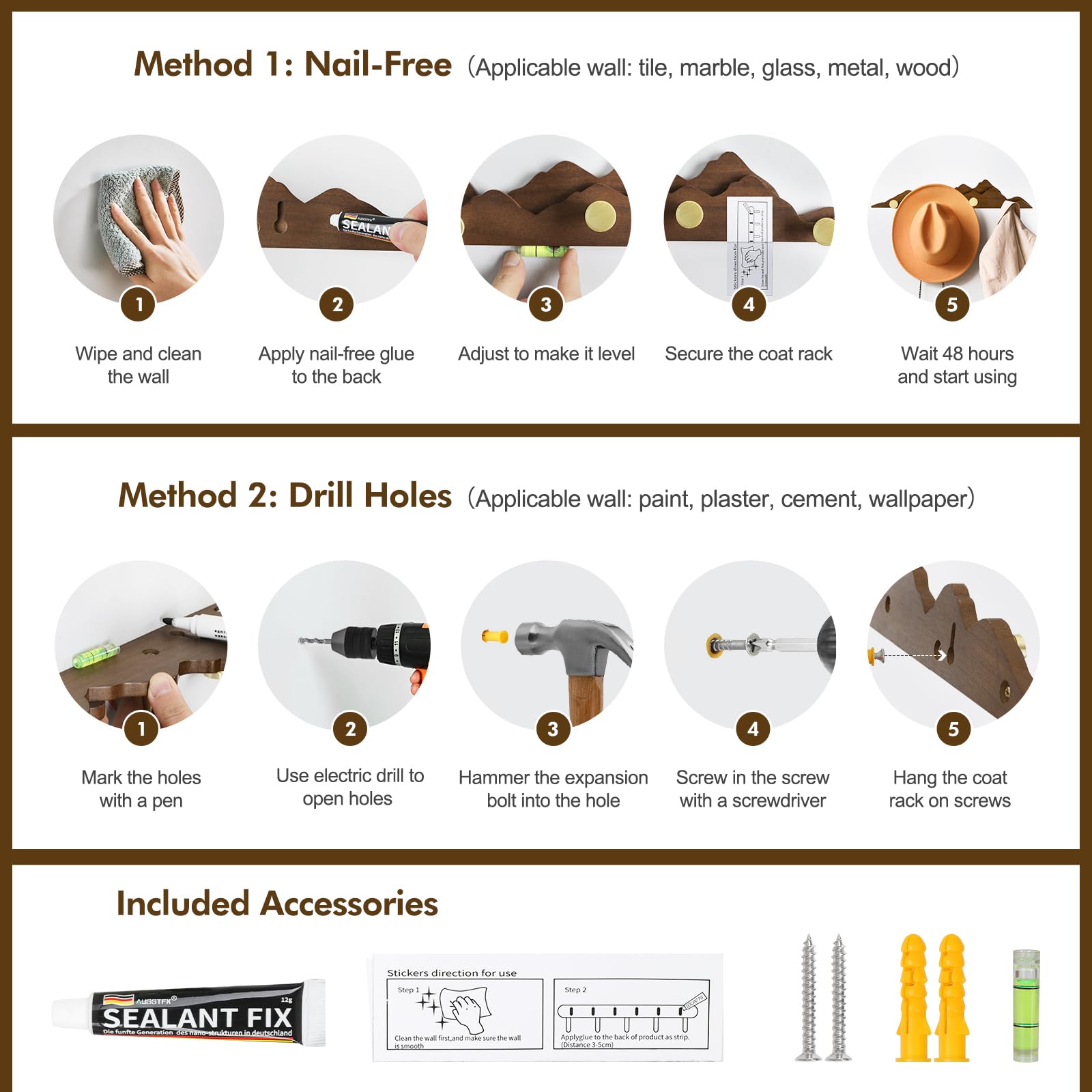 Jotsport Perchero de pared con 4 ganchos de latón para colgar abrigos, sombreros, bolsas, toallas, ganchos decorativos de madera para pasillo, beroom y baño