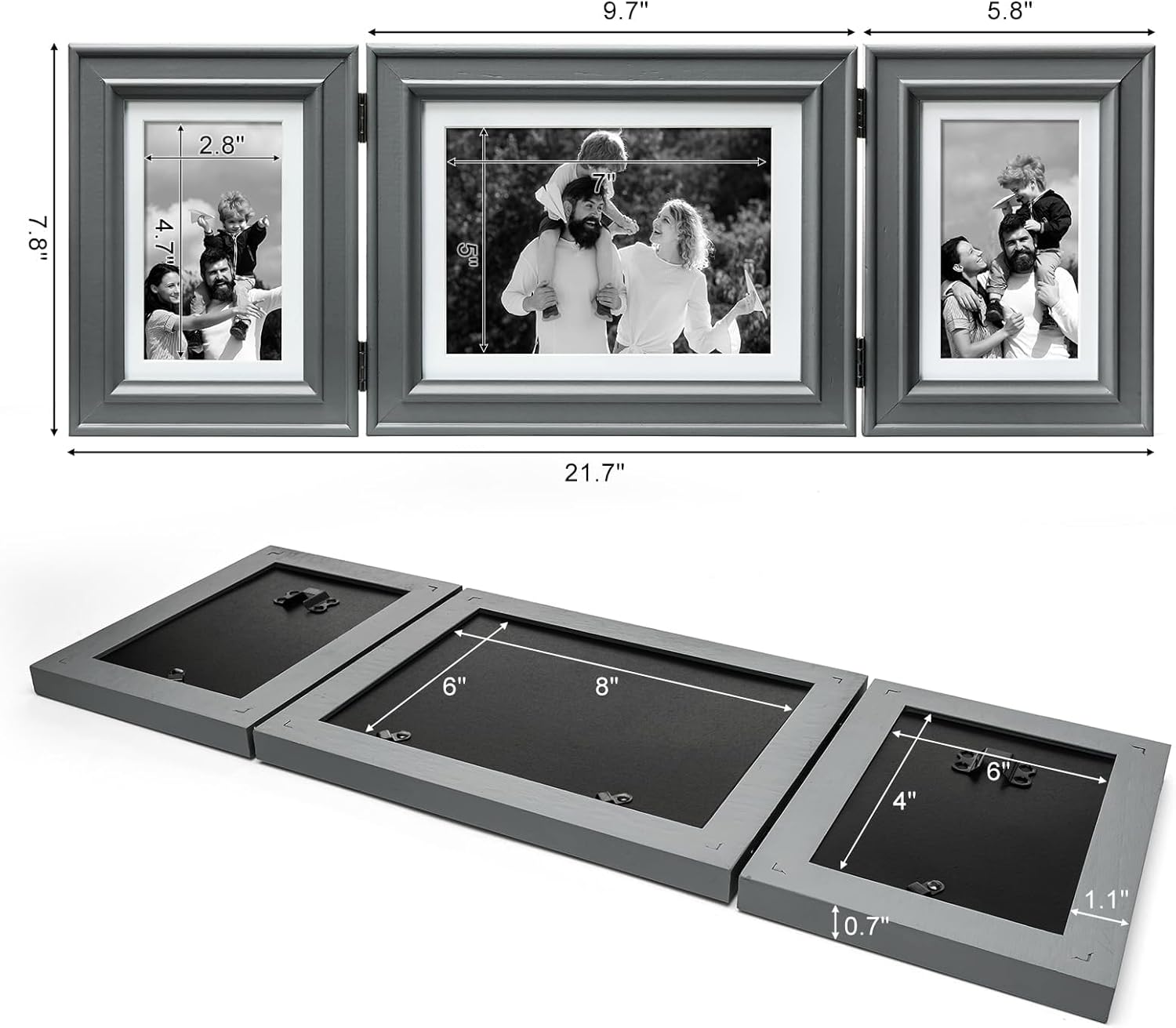 3 Picture Frame Trifold Hinged Pine Wood Photo Frame with Real Glass, Combo Display One 6x8 & Two 4x6 Photos Matted to 5x7/3x5, Free-Standing Desk Tabletop or Wall Decor, Gray