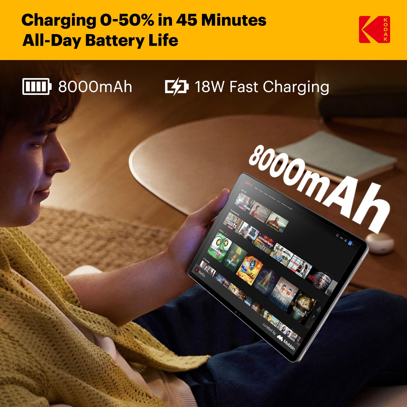 KODAK K11 Android 15 Tablet, 11 Inch Incell Touchscreen, 12GB RAM +128GB Storage (1TB Expandable), 8000mAh Long Battery, Quad Speakers, 16MP Camera, Dual WiFi, GPS, for Work Entertainment Gaming