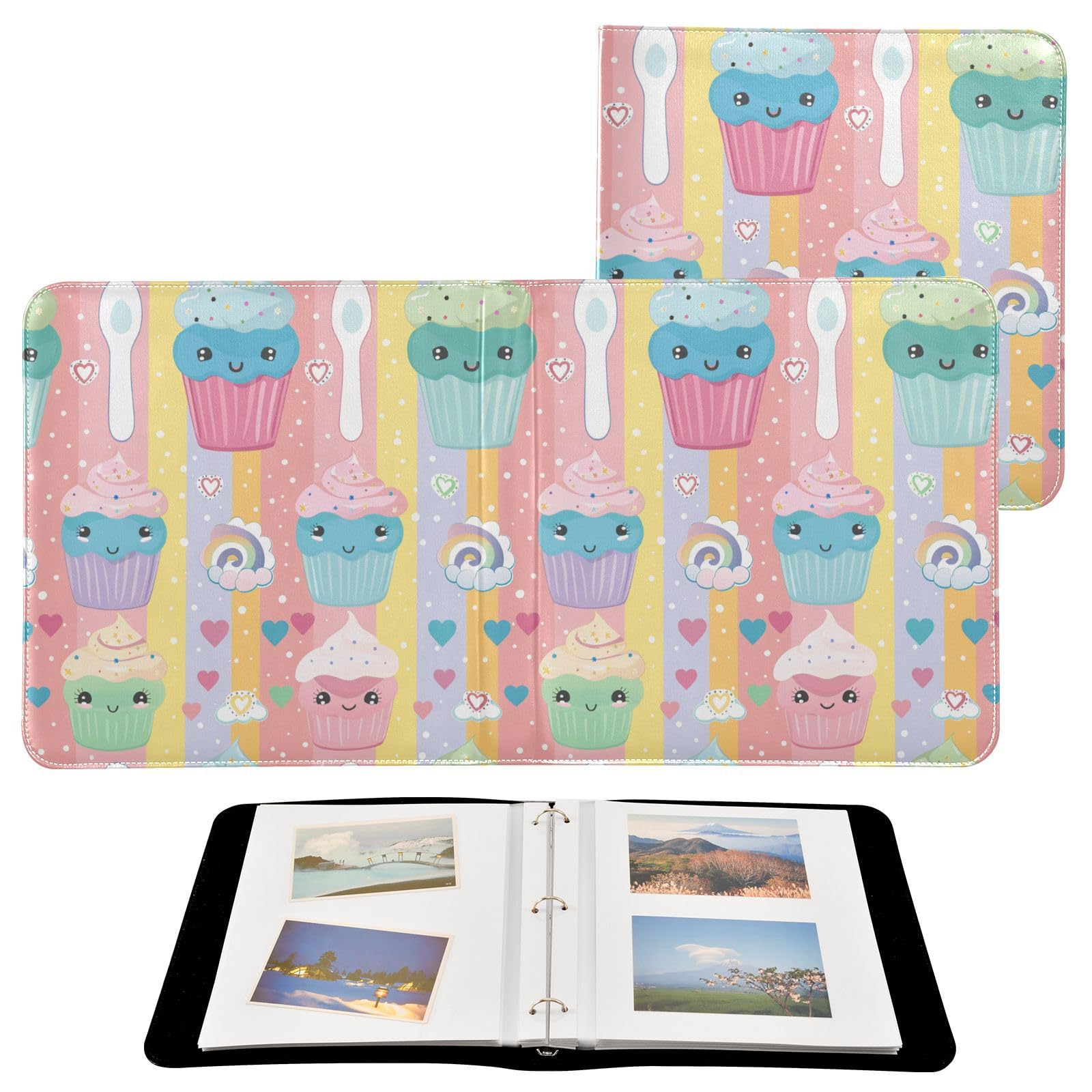 Fotoalbum aus PU-Leder mit Cartoon-Pastellkuchen, für 7,6 x 12,7 - 20,3 x 25,4 cm, Familien-Fotoalbum, selbstklebende Seiten, 20 Blatt