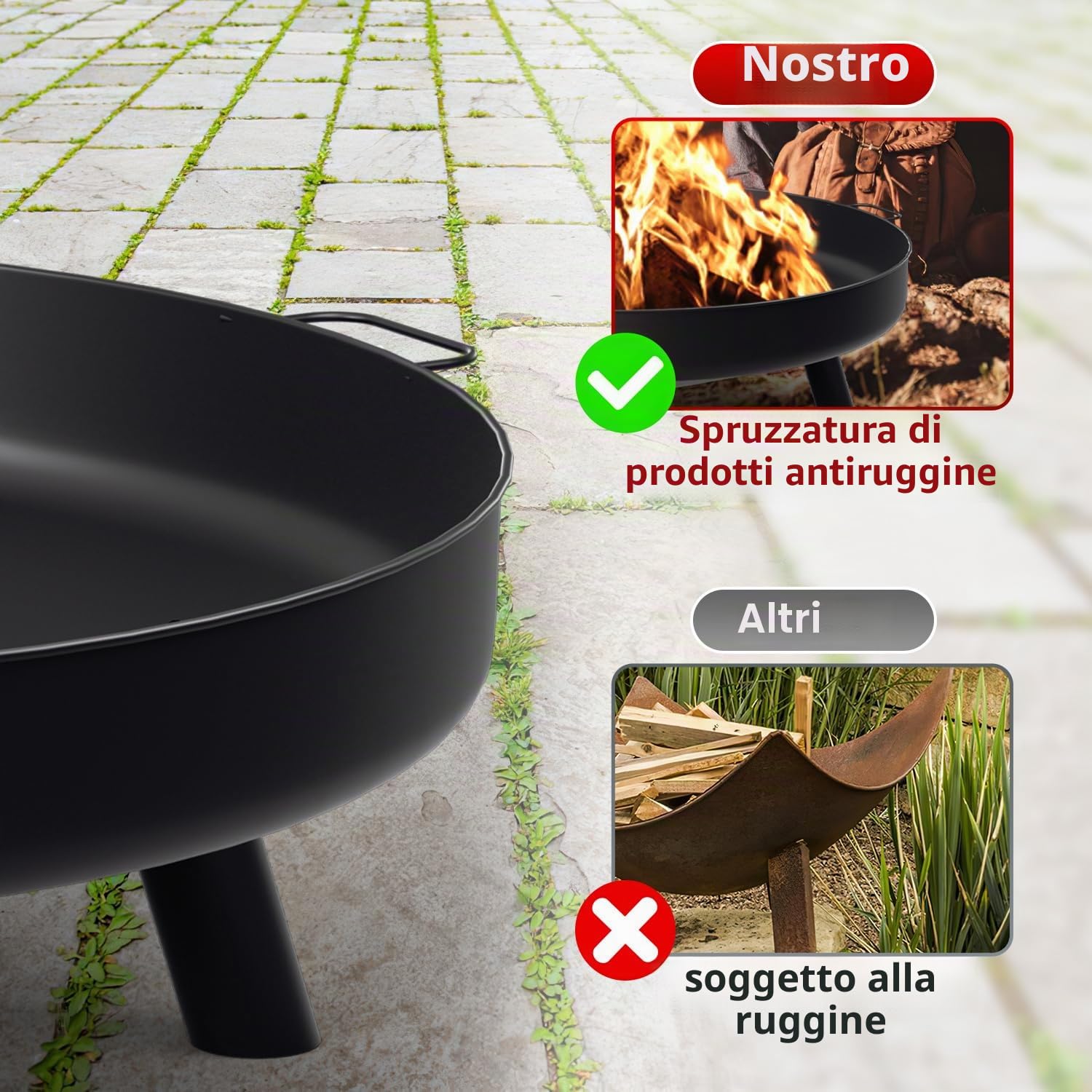 Braciere 80 cm, Braciere da Giardino con Manici e Gambe Rimovibili, Braciere in Acciaio Inox Trasportabile, Braciere per Campeggio, Falò