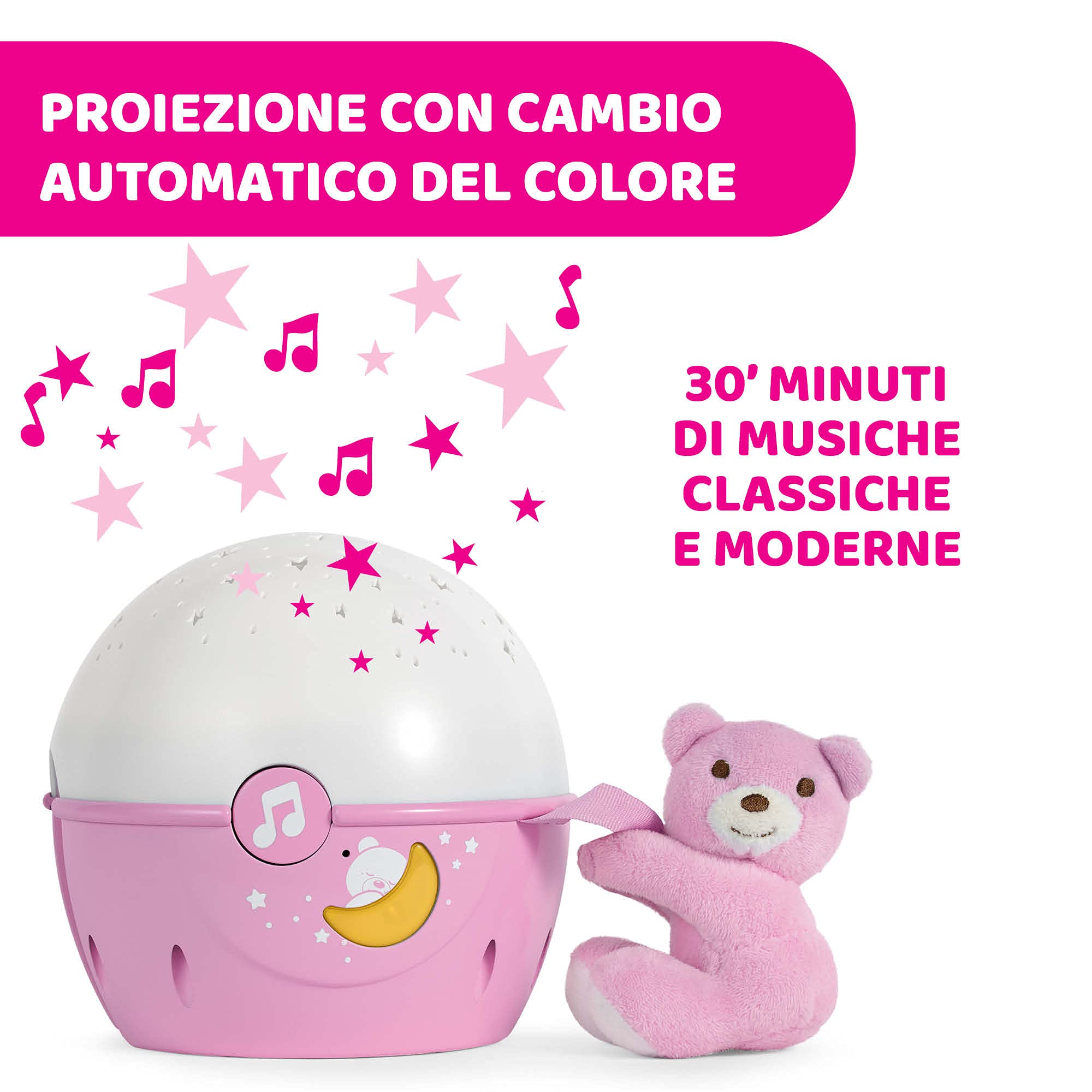 Chicco Next2Stars Luce Notturna per Bambini con Pupazzo - Proiettore Stelle Soffitto per Culla e Lettino Neonati, con Sensore Sonoro, 3 Effetti Luminosi e Musica - 0+ Mesi, Rosa
