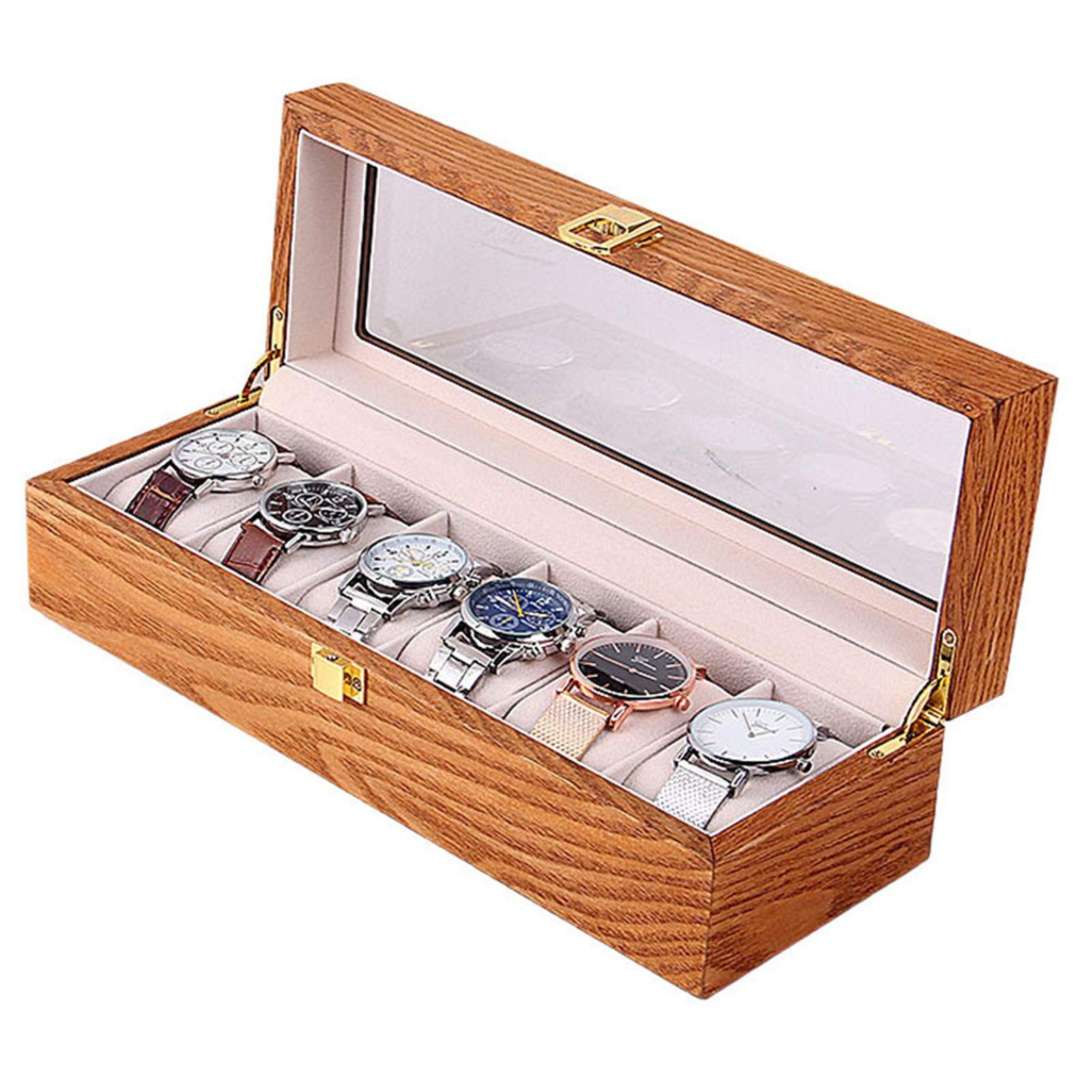 Pudełko na zegarki męskie, pudełko do przechowywania w stylu vintage, lite drewno, 6 przegródek, organizer na biżuterię, bransoletkę, wyświetlacz, szkło, zamykana, kuferek do przechowywania, dla mężczyzn i kobiet, organizer