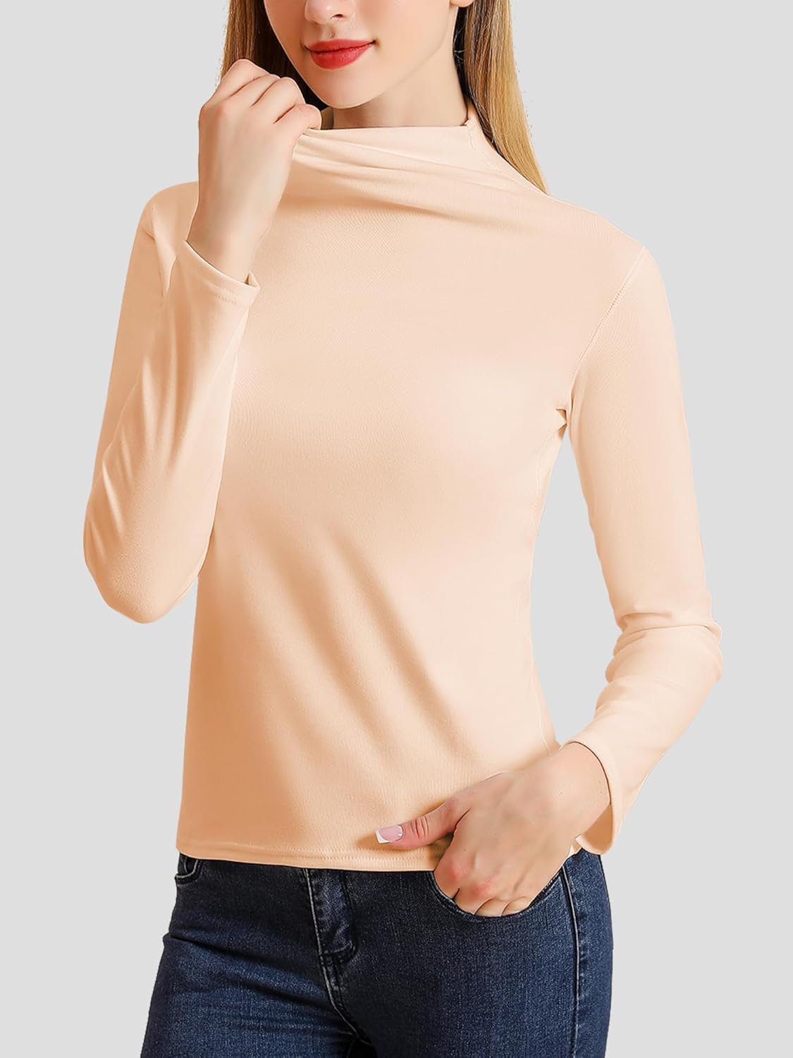 Women's Mock Turtleneck Shirt Long Sleeve Fitted Thermal Shirts Basic Layer Tops - Image 2