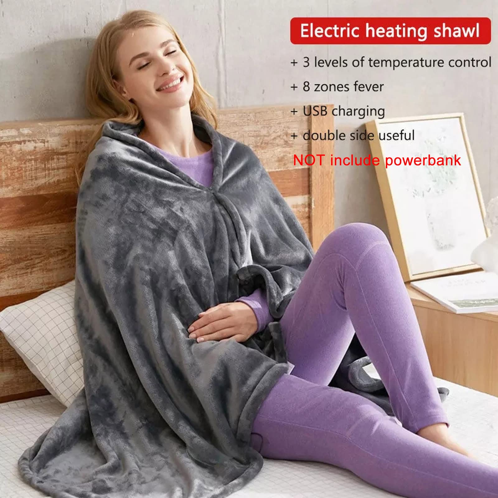 HUAYUWA Electric Heating Blanket (150x85x1.5cm) USB Charging Heated Shawl Zipper Warm Shawl Coral Fleece Plush with 3 Heat Level Settings for Car Office Home Travel