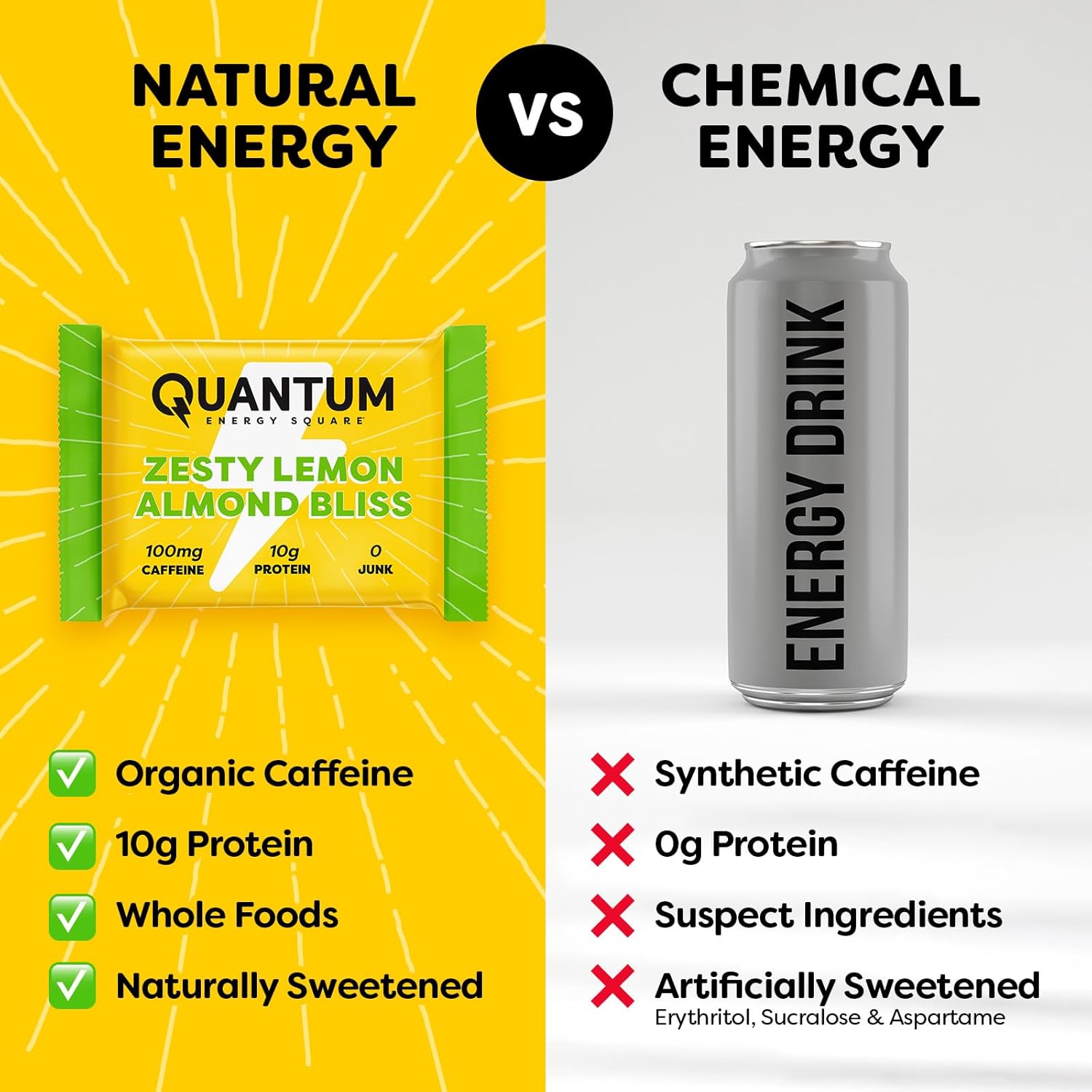 Quantum Energy Square: Energy Bar with Caffeine & 10g Protein. Delicious Healthy Snack On The Go. (Vegan, Gluten-free, Soy-free, Dairy-free) (Zesty Lemon Almond Bliss)