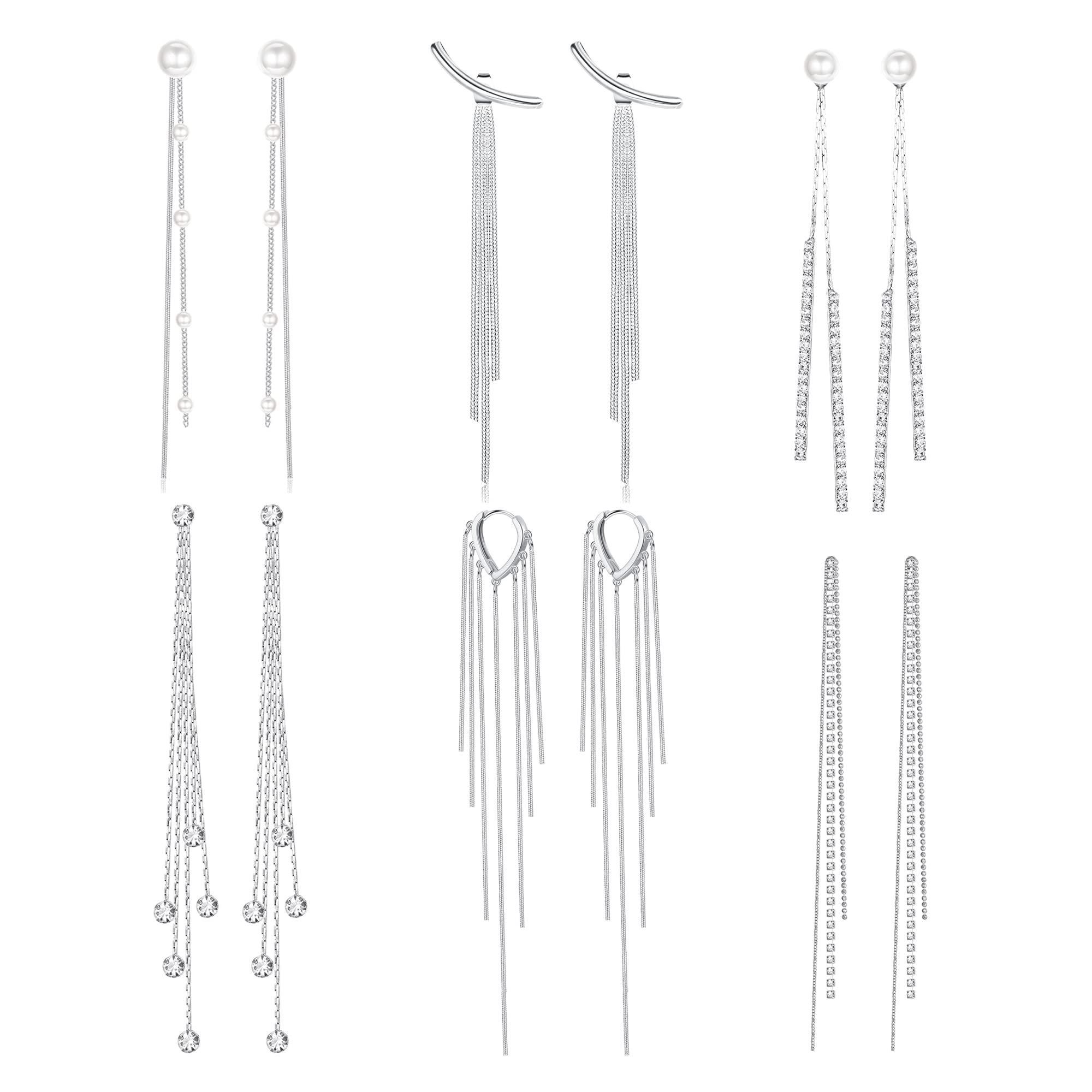 Adramata 6Pairs Pendientes Largos Borla para Mujer Pendientes de perlas Moda Bling Pendientes de diamantes de imitación Pendientes para Boda