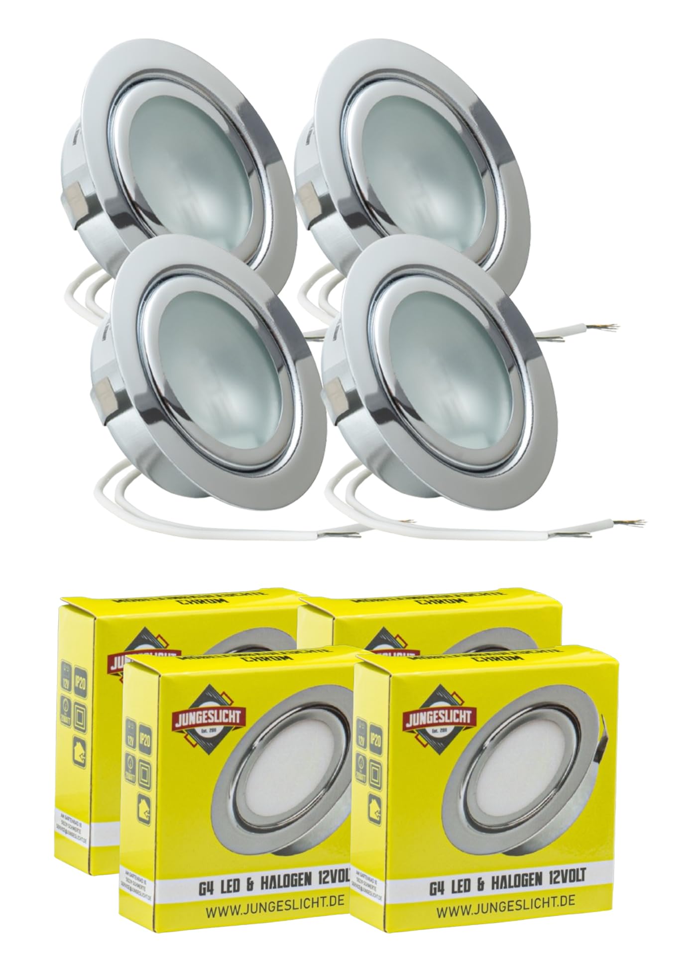 JungesLicht - Halogen Möbeleinbauleuchte 12V G4 20W, Bohrloch 55-60mm passend, Tiefe 23mm, Außen 73mm, Chrom (Leuchtmittel inklusive, LED geeignet), dimmbar, Möbelleuchte, Spiegelleuchte, 4 Stück