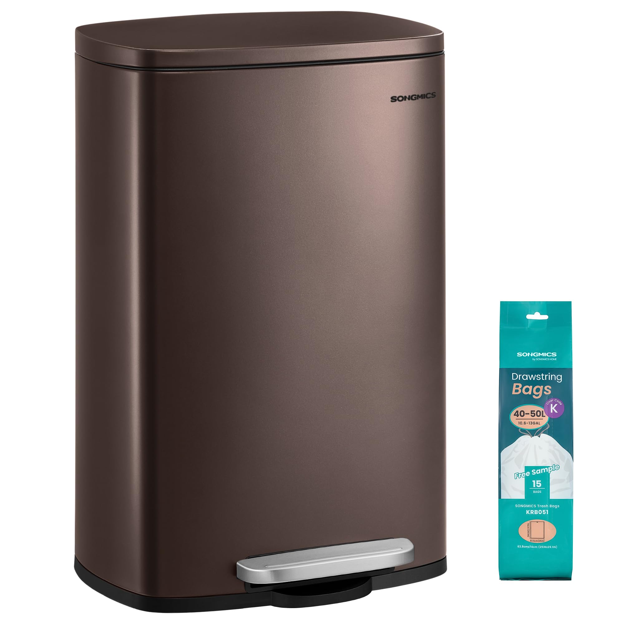 SONGMICS Kitchen Bin 13 Gallon (50 L), Pedal Bin for Kitchen, Rubbish Bin, Soft Close, Step-On Pedal, Steel, Inner Bucket, Brown LTB50BR02