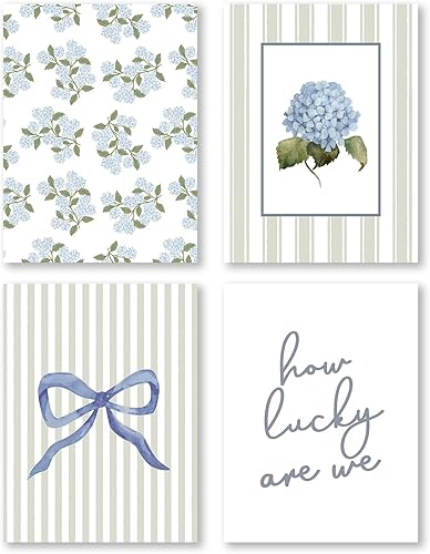 Miniatura 22 de Pleonox Juego de 4 impresiones artísticas florales de hortensias preppy retro de moda de 8 x 10 pulgadas, con texto en inglés «How Lucky Are We Azul