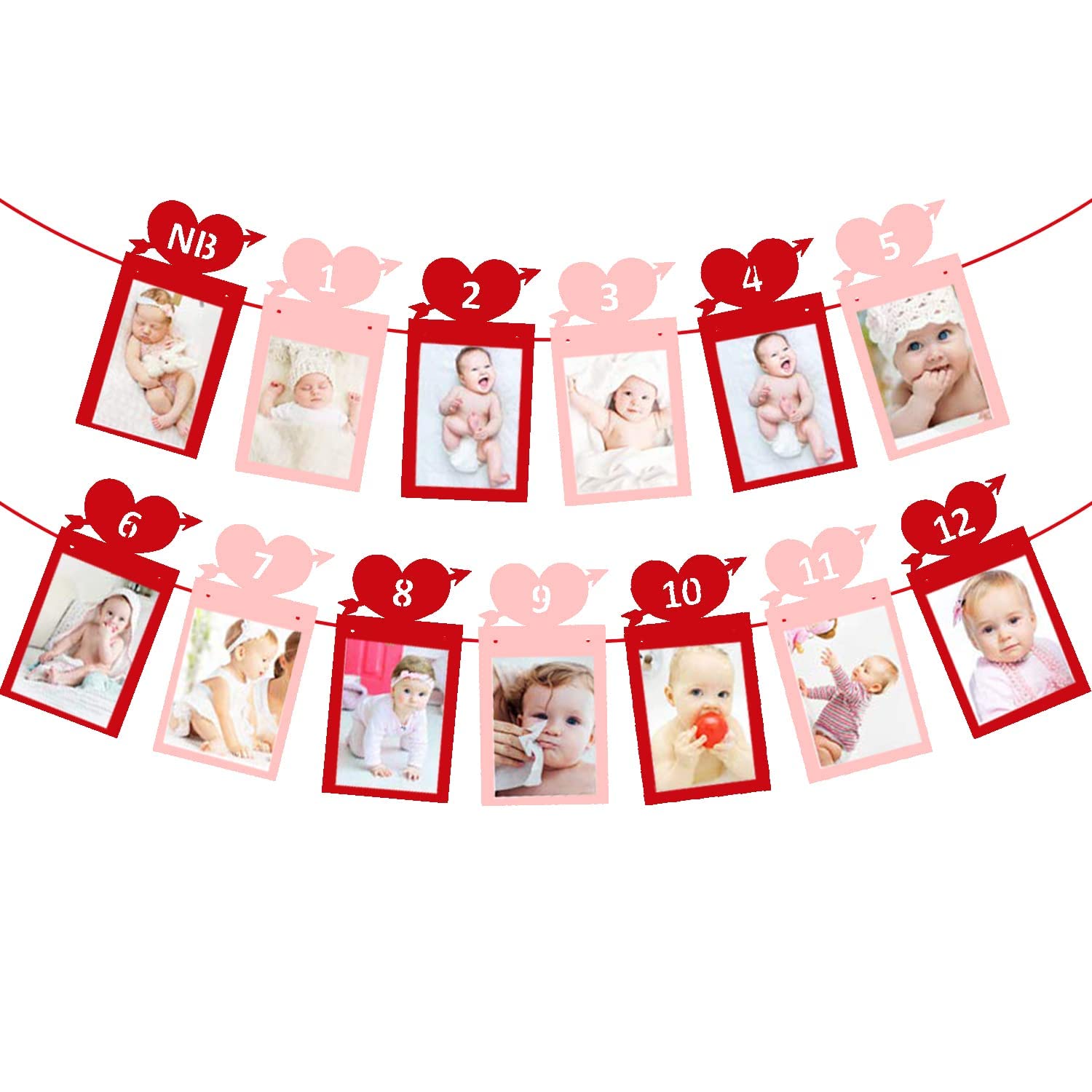 Festiko®Valentine’s Day 12 Months Photo Banner Heart Theme Garland Pink Red Valentine's Day 1st Birthday Party Newborn First Year Decor