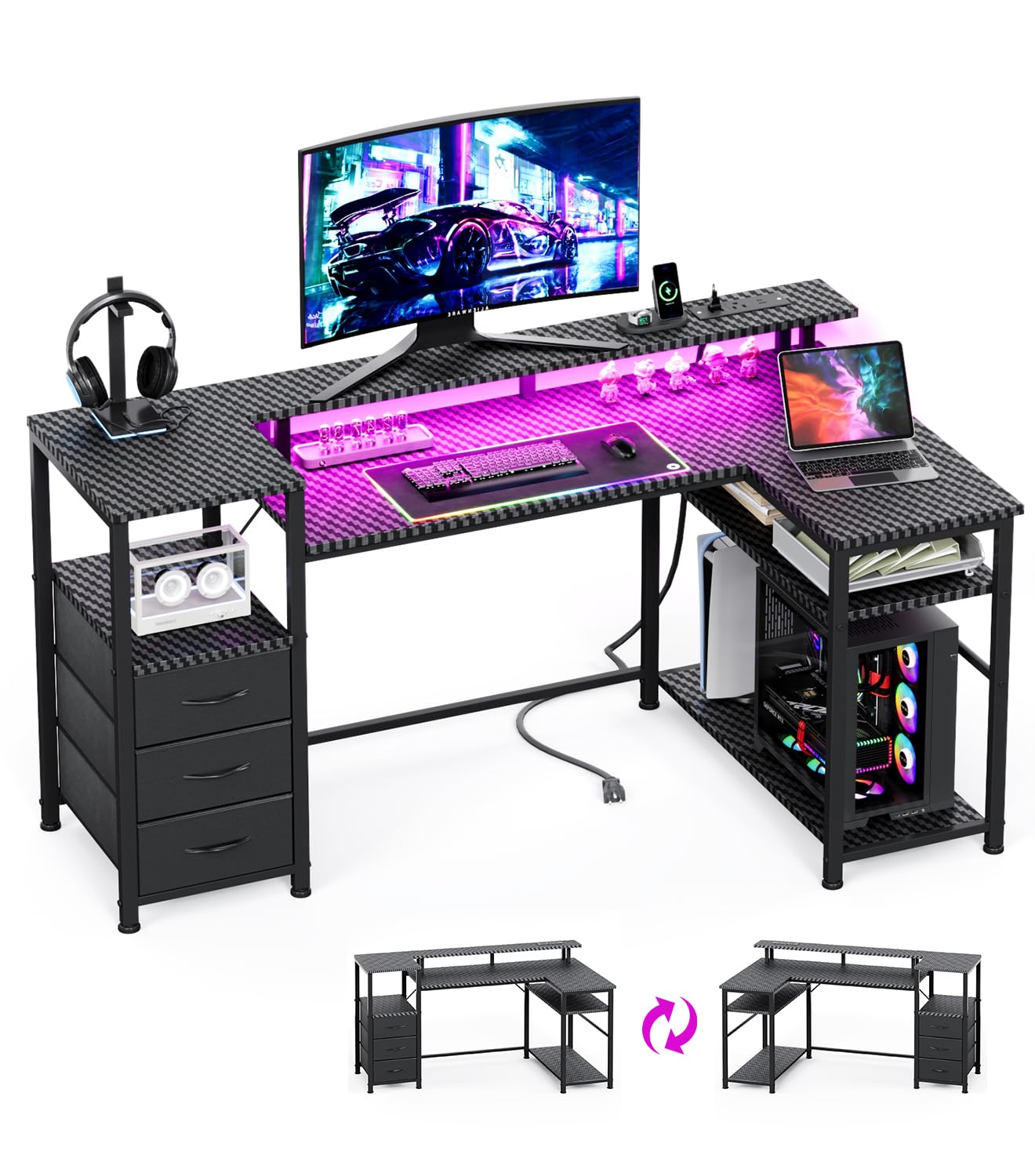 KitMent 120cm Corner Desk with 3 Drawers, Power Outlets & USB Ports, Black