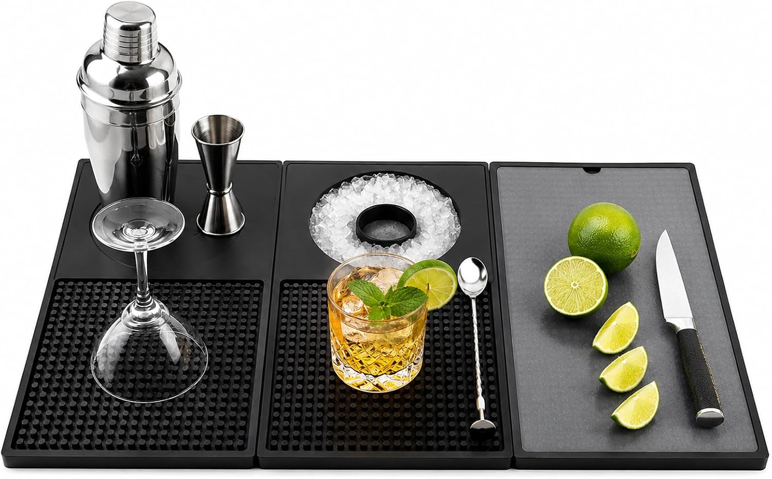 Bar Mat, Multifunctional Folding Cocktail Mat with Cutting Board, 22" X 12" Bar Mat for Countertop,Bartending Drying Mats,Bar Decorations for Home, Outdoor Bar Accessories RV (Black)