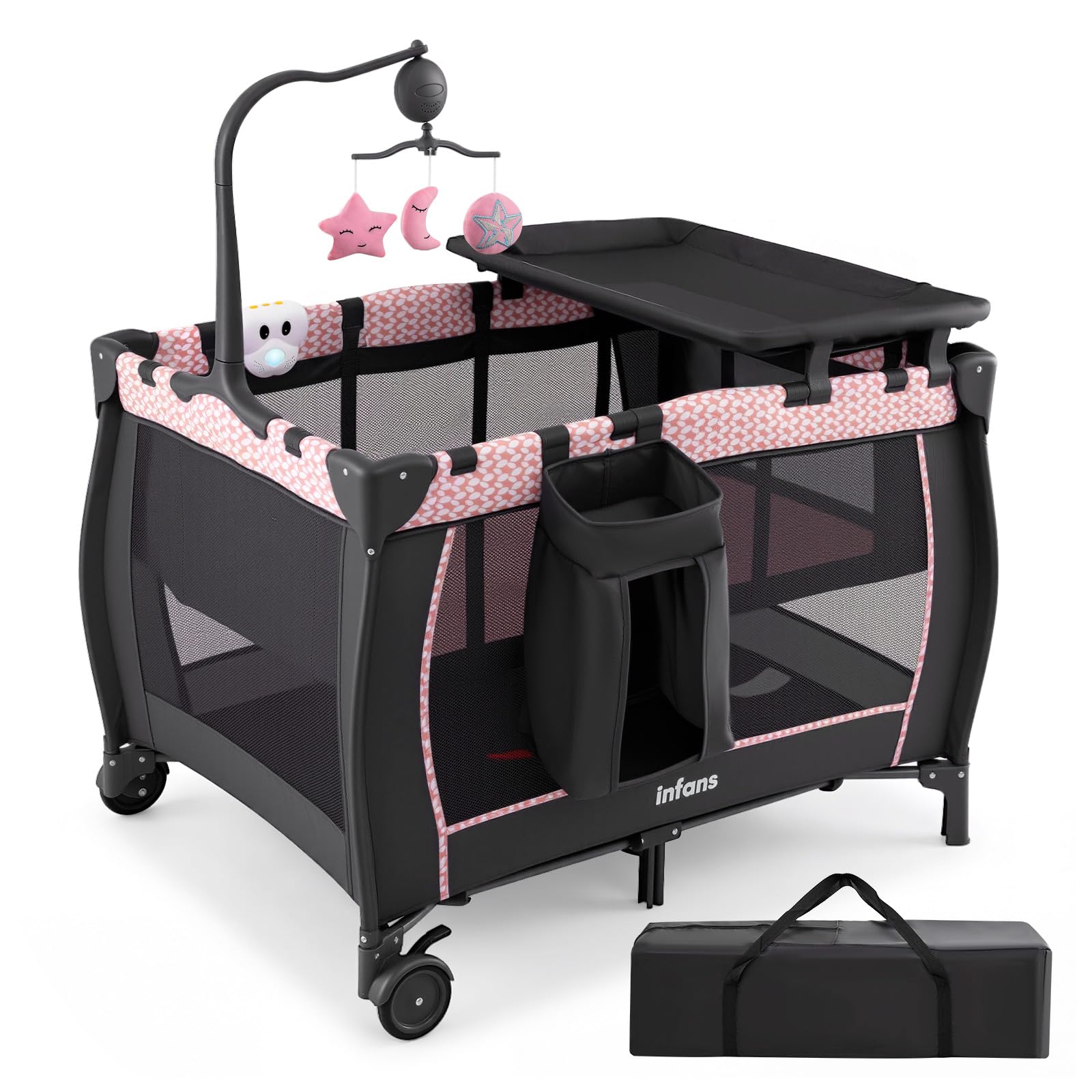 INFANS 3 in 1 Pack and Play, Portable Travel Baby Bassinet with Detachable Mattress, Changing Table, Foldable Playpen with Carry Bag, 2 Wheels (Pink Stripes)