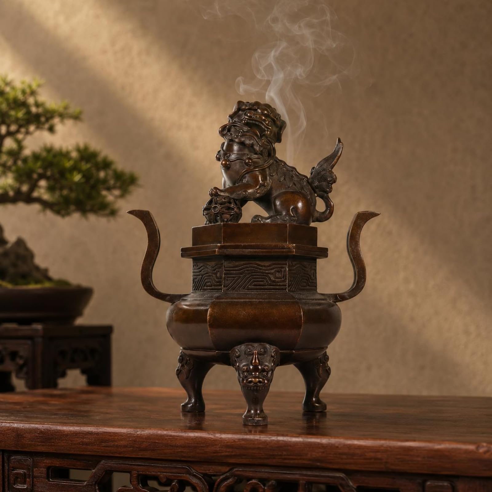 LOVIVER de Cobre Quemador Sahumador Brasero Recipiente con Tapa de Latón Ornamental con Asas Curvas y Base Tallada Adecuado para Meditación Altar Interiores Formales